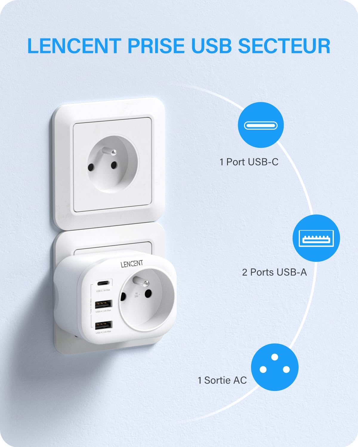 Thumbnail 1 de LENCENT Prise USB 4 en 1 4000W