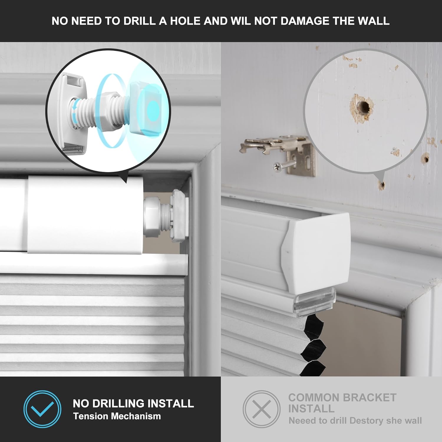 Detalle 2 de Boolegon No Drill No Tools Cellular Shades Top Down Bottom Up Honeycomb Blinds – White, Blackout, 33.5" W x 78" H
