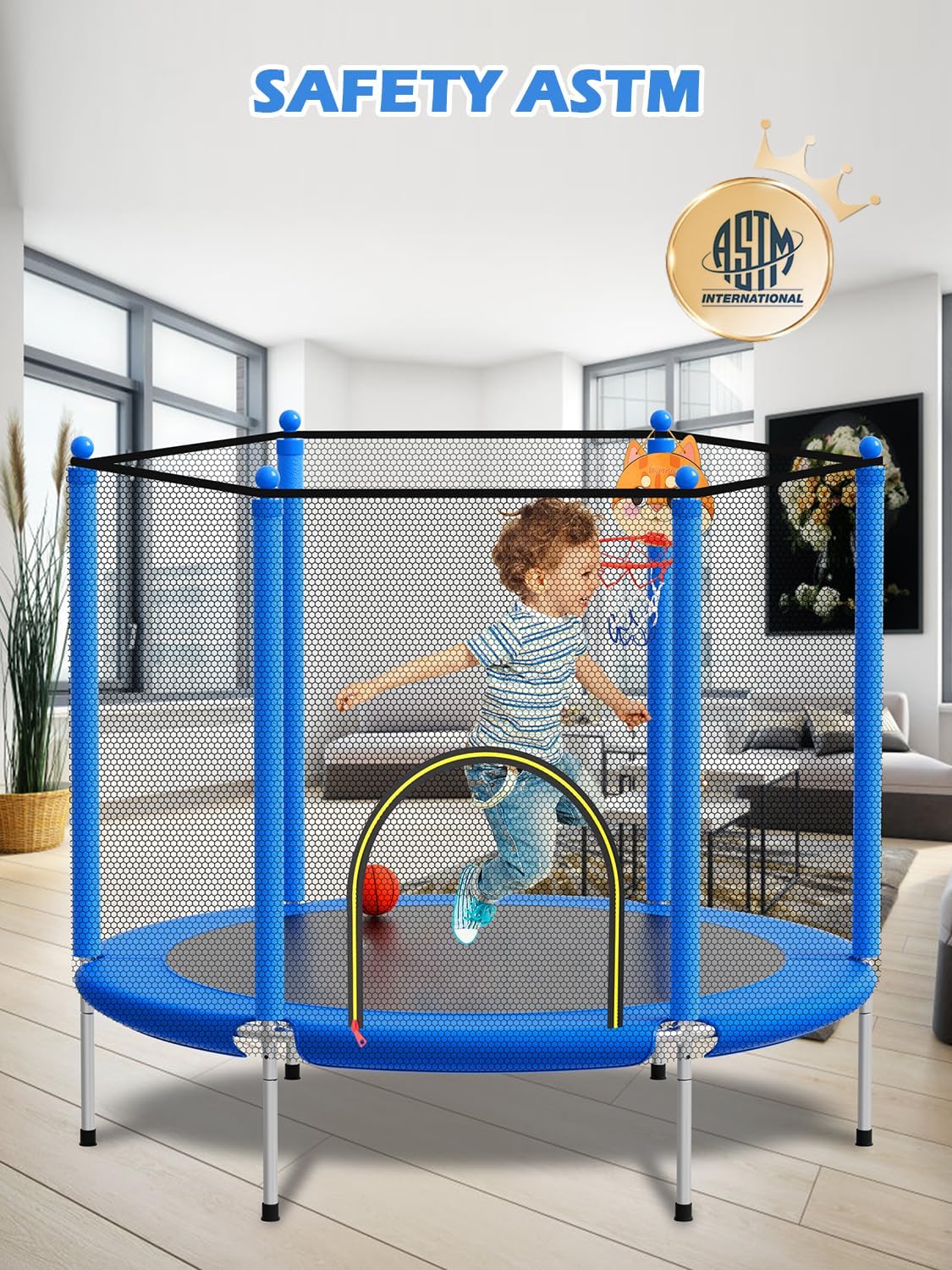 Detalle 2 de BLUERISE 55in 6ft Toddler Trampoline with Enclosure Net and Basketball Hoop Attachment