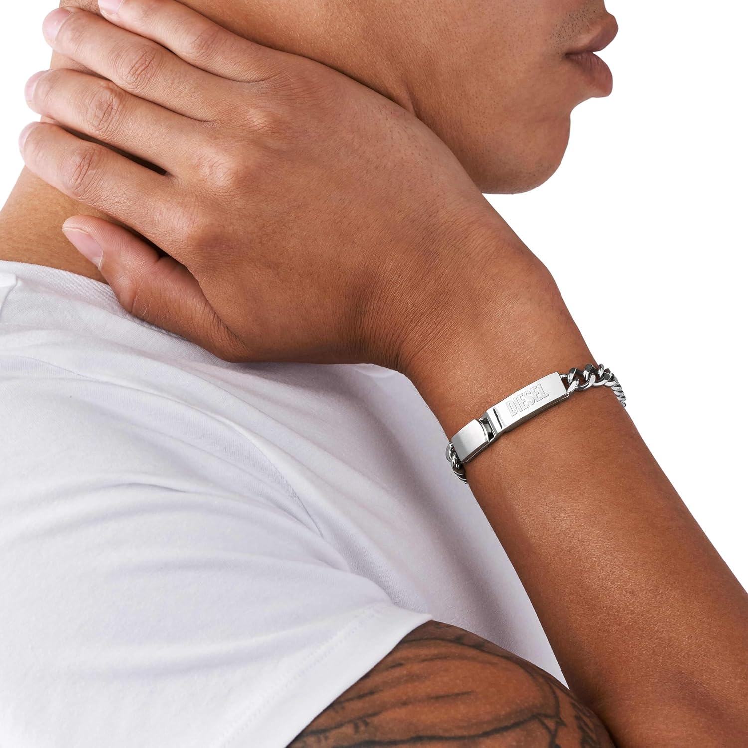 Detalle de Diesel Herren Edelstahlarmband Silberfarben mit Karabinerverschluss – 18 cm + 1,5 cm Verlängerung