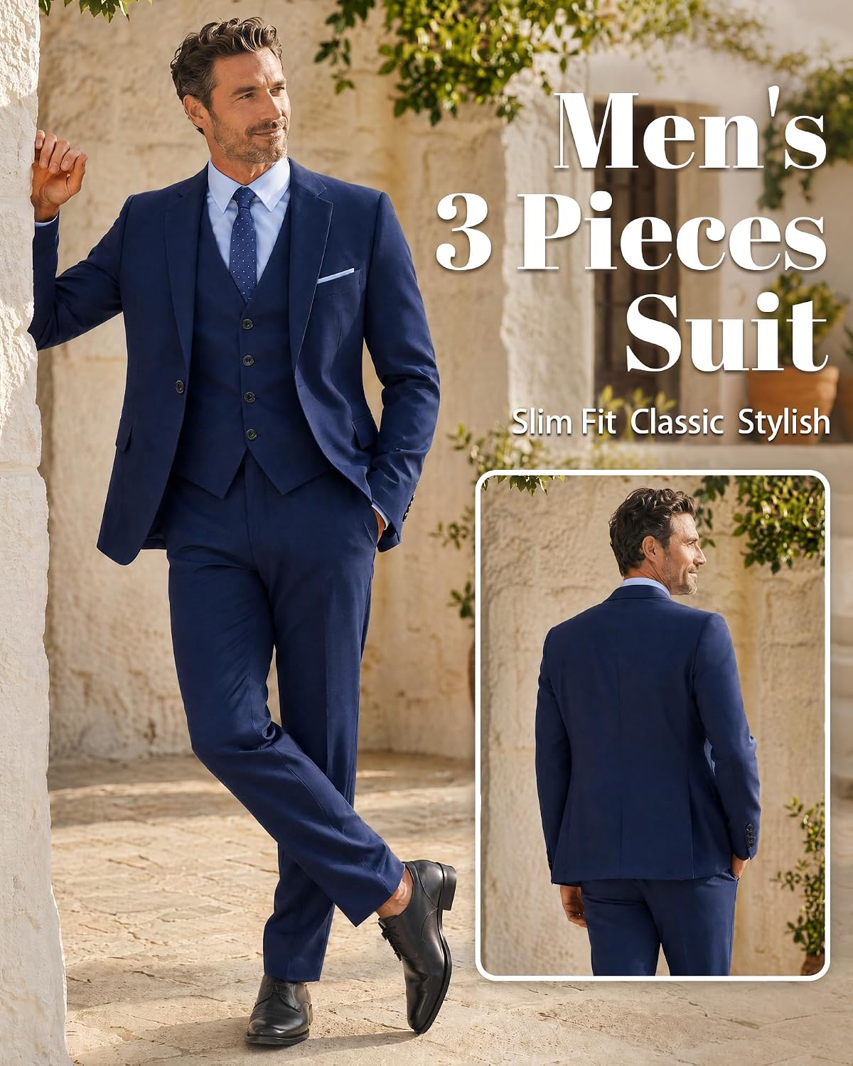 Detalle 2 de MY'S Men's 3-Piece Slim Fit Suit Set with Tie
