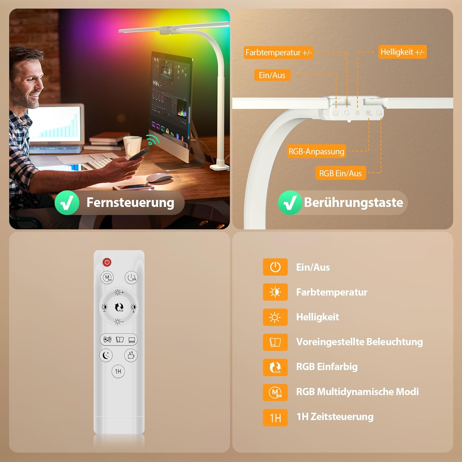 Thumbnail 3 de SIBRILLE RGB Doppelkopf Schreibtischlampe LED dimmbar (22 W, 80 cm) mit Fernbedienung, weiß
