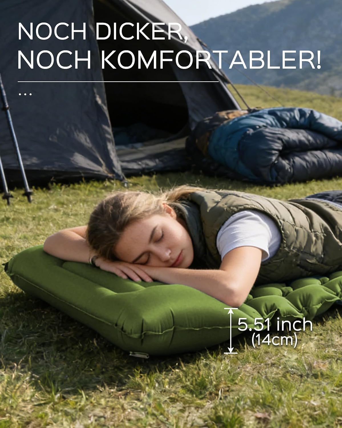 Detalle 2 de NHOWIN Isomatte Camping – Leichte, kompakte Luftmatratze mit integrierter Fußpumpe, 9 cm Dicke, 196 × 68 cm, Grün