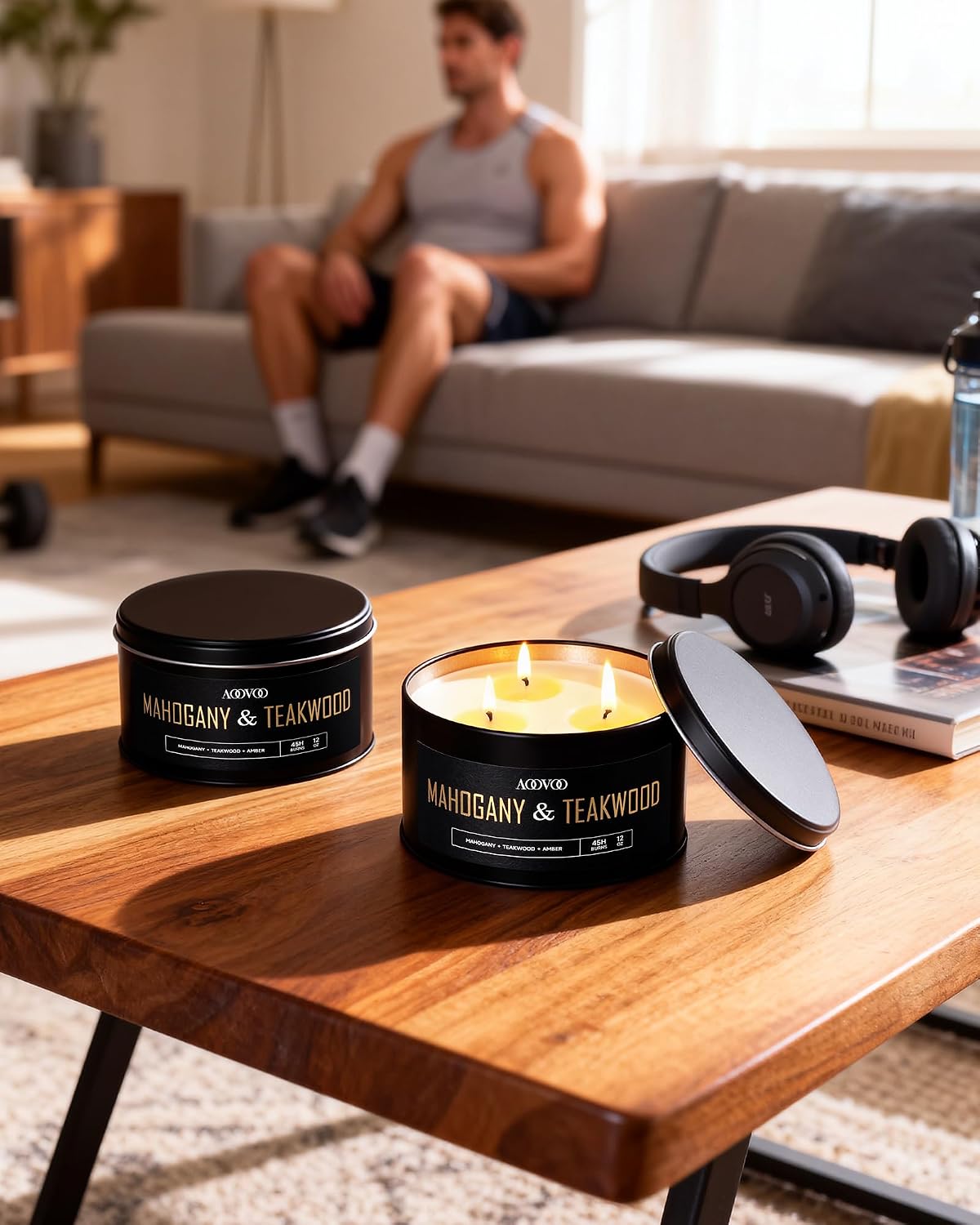 Detalle de AOOVOO 2 Pack Mahogany Teakwood Candles for Men – 3 Wick, 24oz Large Soy Candles