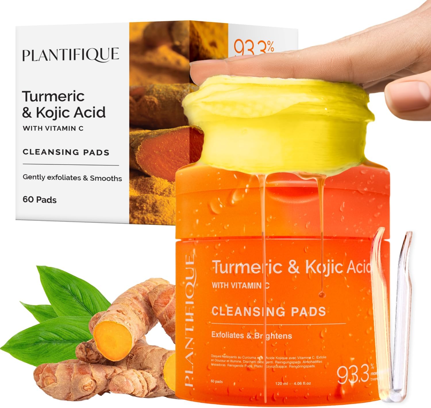 PLANTIFIQUE Disques Nettoyants au Curcuma et Acide Kojique avec Céramides, Niacinamide et Vitamine C – 60 Disques Exfoliants Visage