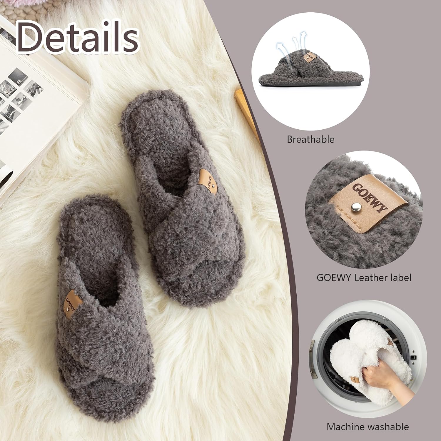 Detalle 2 de GOEWY Fuzzy Open-Toe Slippers for Women with Memory Foam and Faux Fur