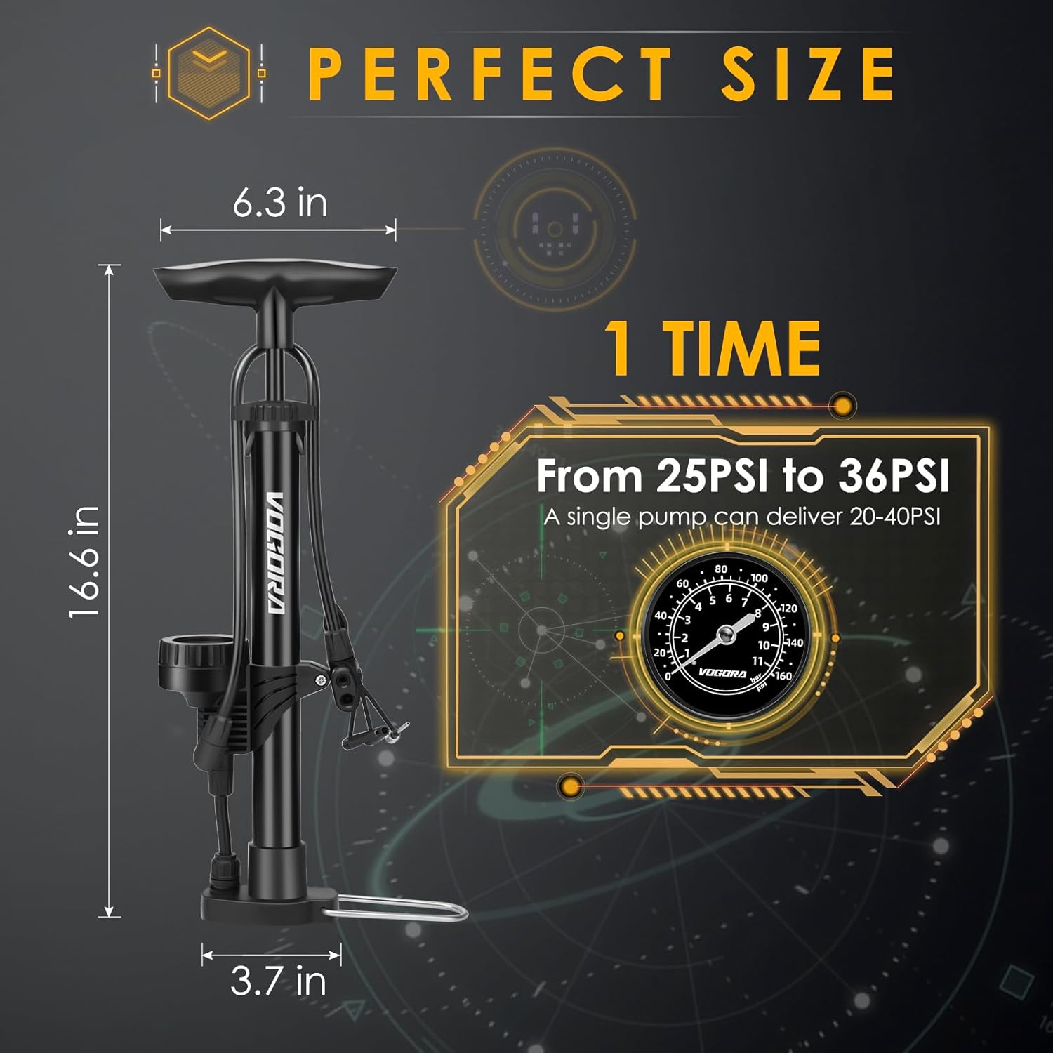 Thumbnail 1 de VOGORA Standpumpe mit Manometer für Fahrrad und Bälle – für französische Ventile (Presta) & weitere Typen, inkl. Nadel