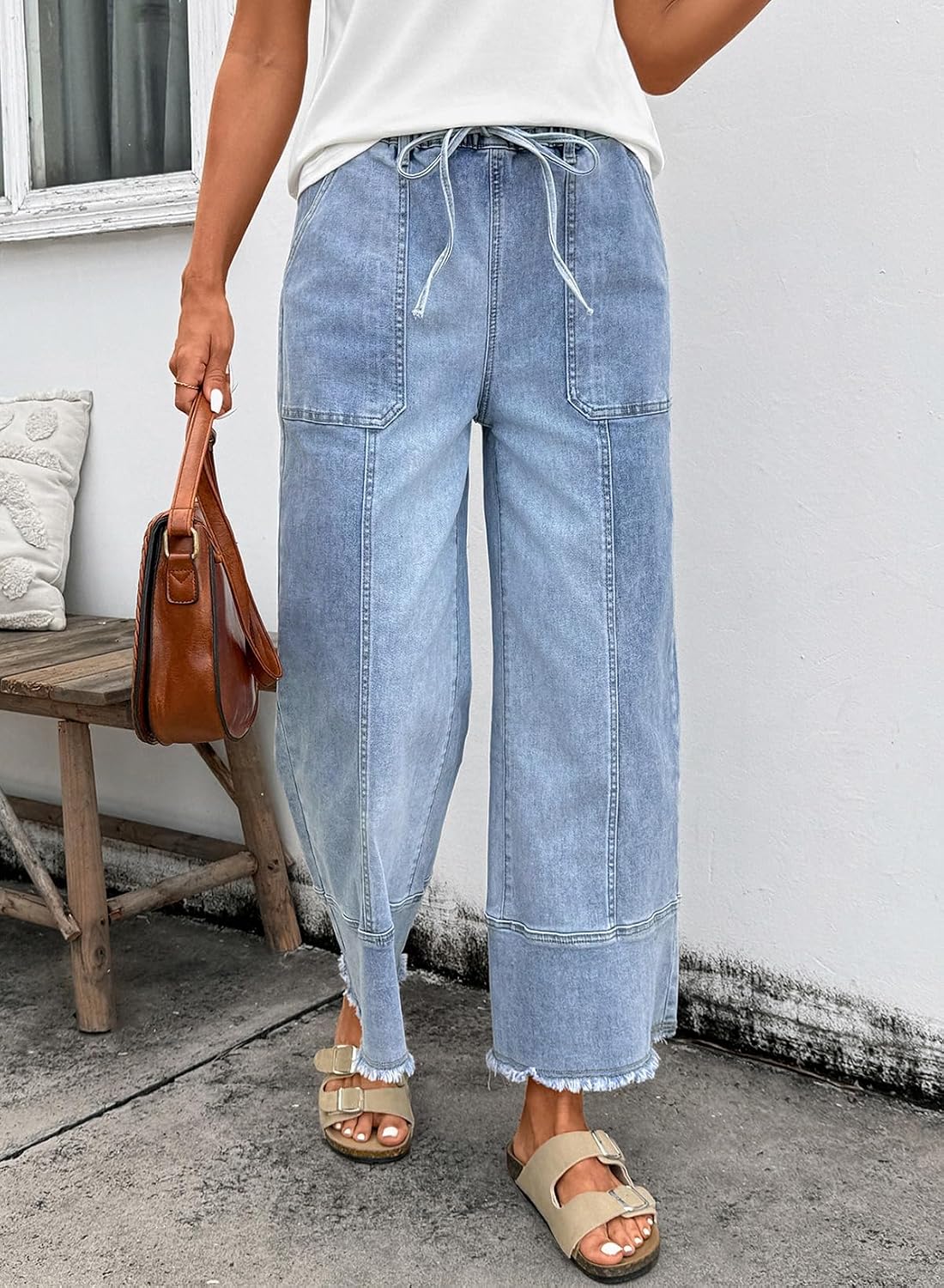 Thumbnail 6 de SHEWIN Women's Wide Leg Jeans with High Waist and Drawstring — Stretchy Baggy Denim Pants