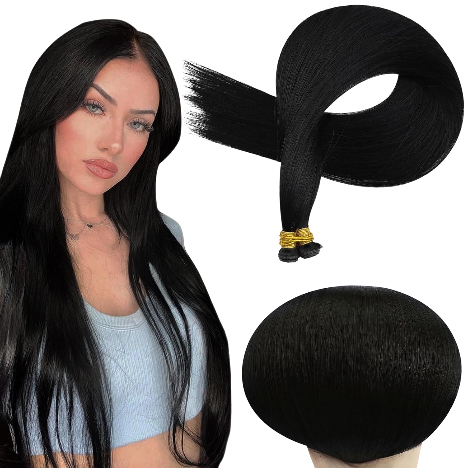 Detalle de Full Shine Hand Tied Weft Hair Extensions - 24 Inch, 120g, Jet Black