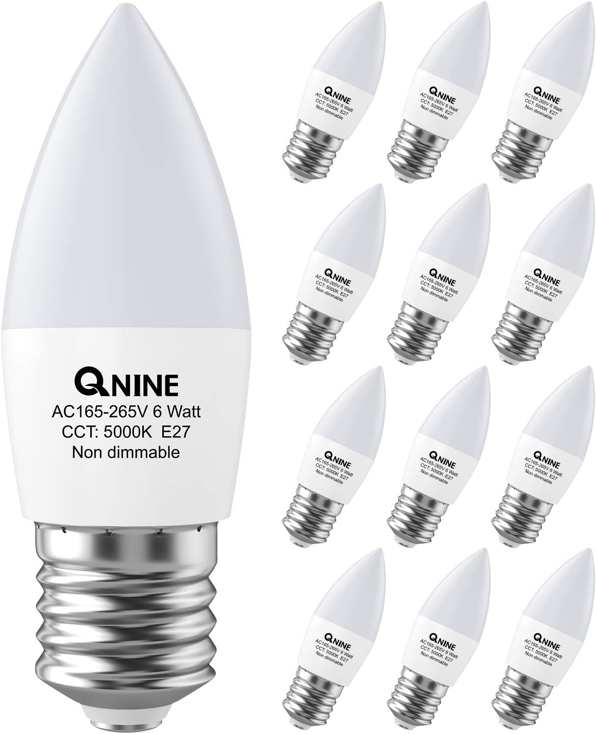 Detalle de QNINE 12-Pack Cool White E27 LED Candle Bulbs, 6W (60W Equivalent), 540lm, 5000K, Non-Dimmable