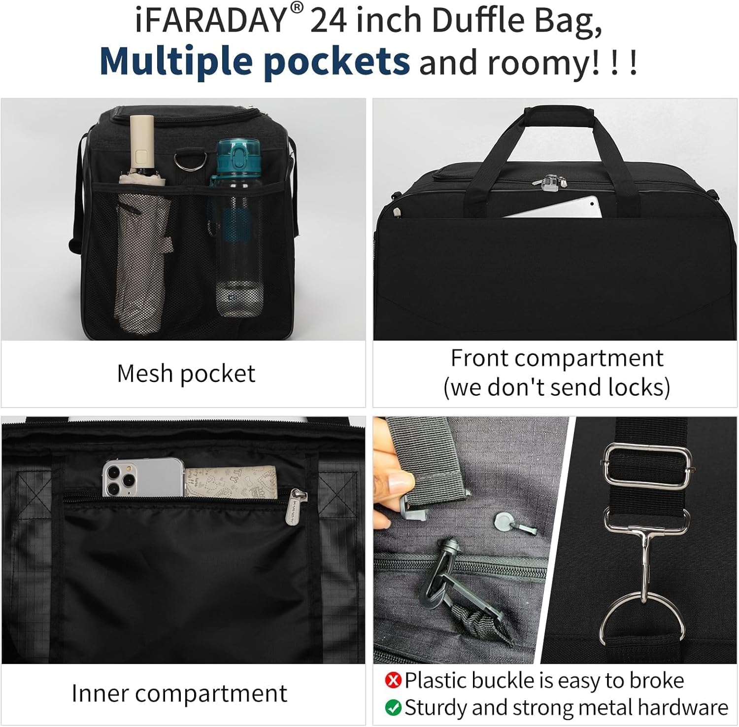 Detalle de LONALIA Sac de Sport 47L avec Compartiment à Chaussures – Noir, 61 × 28 × 28 cm