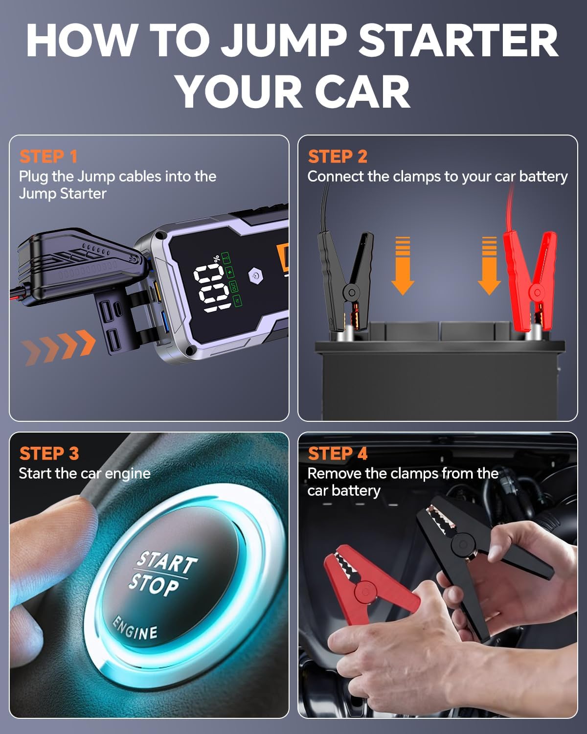 Detalle de CARHEV 7000A Jump Starter Power Pack: 12V Battery Booster with USB Power Bank