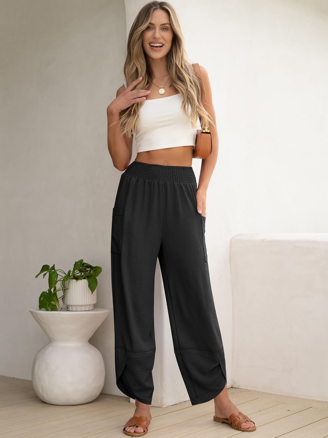Detalle de ANRABESS Women’s Capri Palazzo Wide-Leg Pants with Smocked High Waist