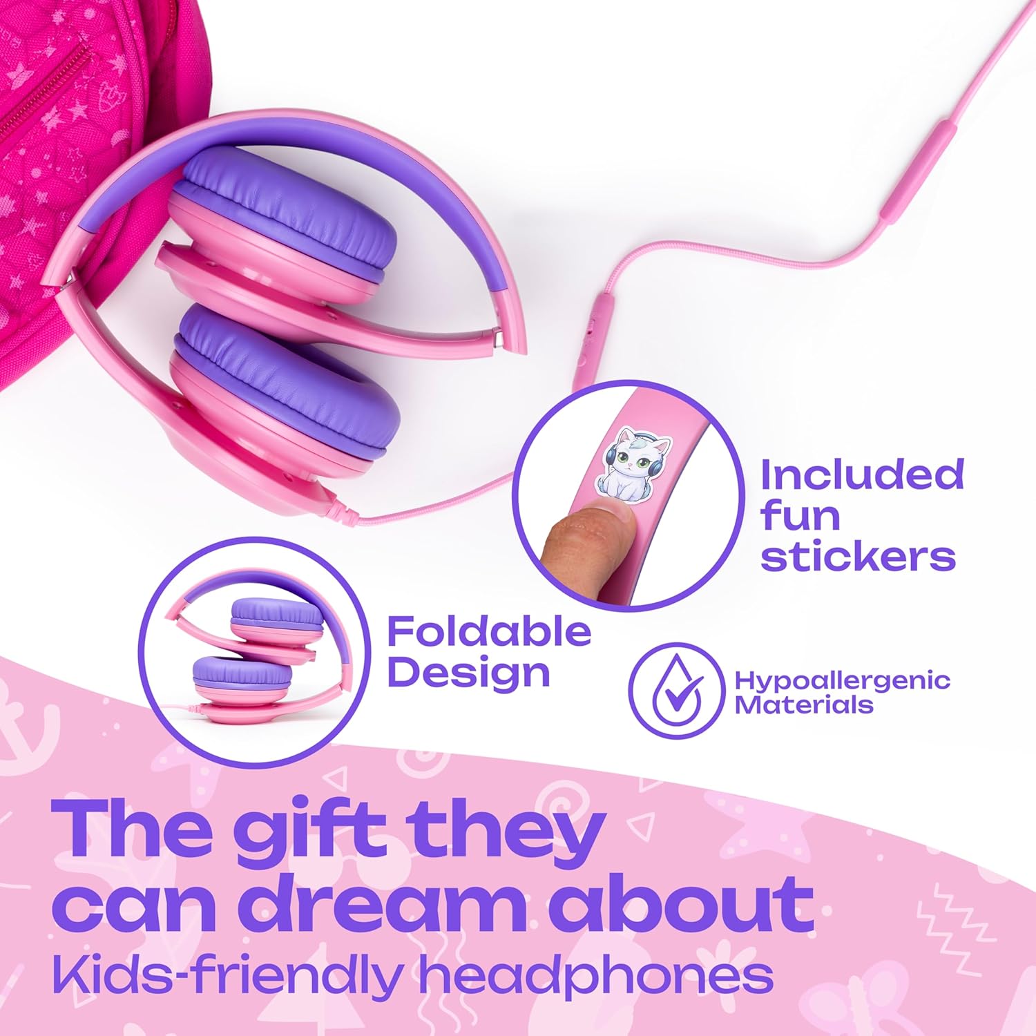 Thumbnail 5 de PowerLocus Kids Headphones with Microphone – 85/94dB Safe Volume, Foldable Over-Ear 3.5mm, Shared Audio for School and Travel (Pink)