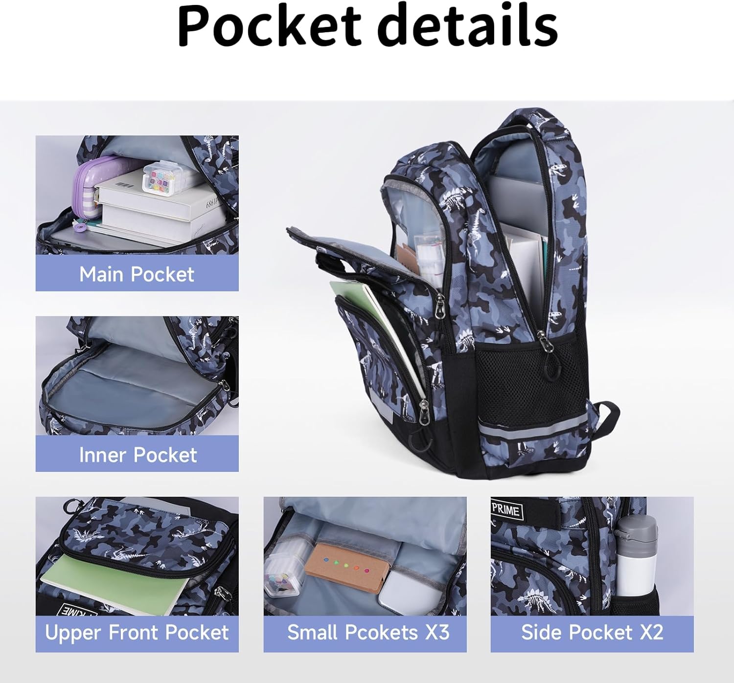 Detalle 1 de Coolwife Camouflage Grey 3-Piece School Backpack Set (Backpack, Lunch Bag, Pencil Case)