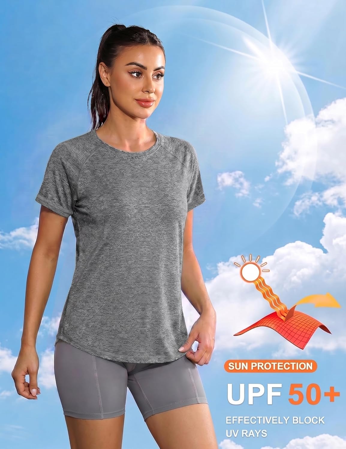 Detalle de Gyabnw Damen Sportshirt mit Rundhals und atmungsaktivem Mesh-Design für Lauftraining, Yoga & Fitness