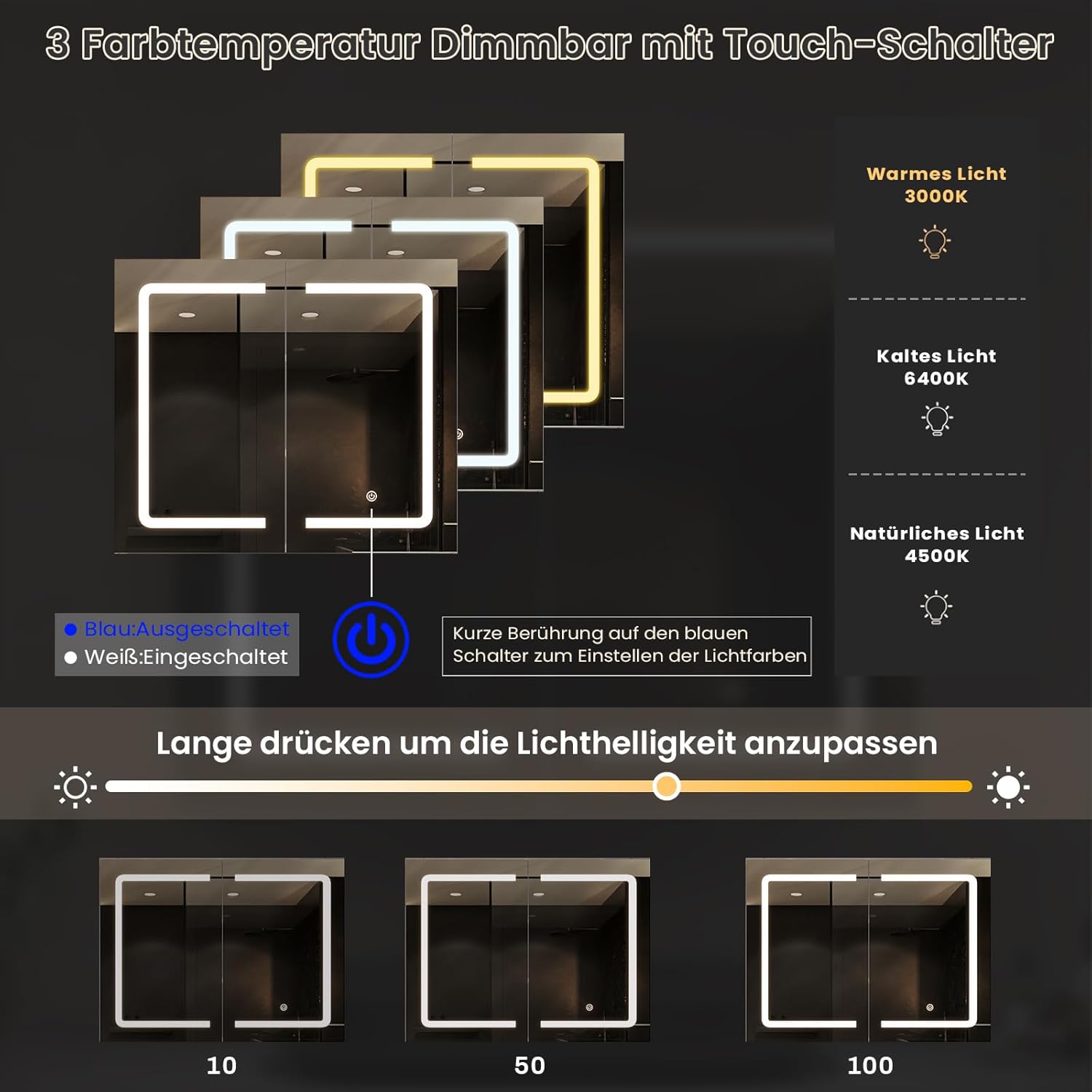 Thumbnail 4 de DICTAC Badezimmer Spiegelschrank mit LED & Sensorschalter, 80 x 60 x 16 cm (Doppeltür, Steckdose)