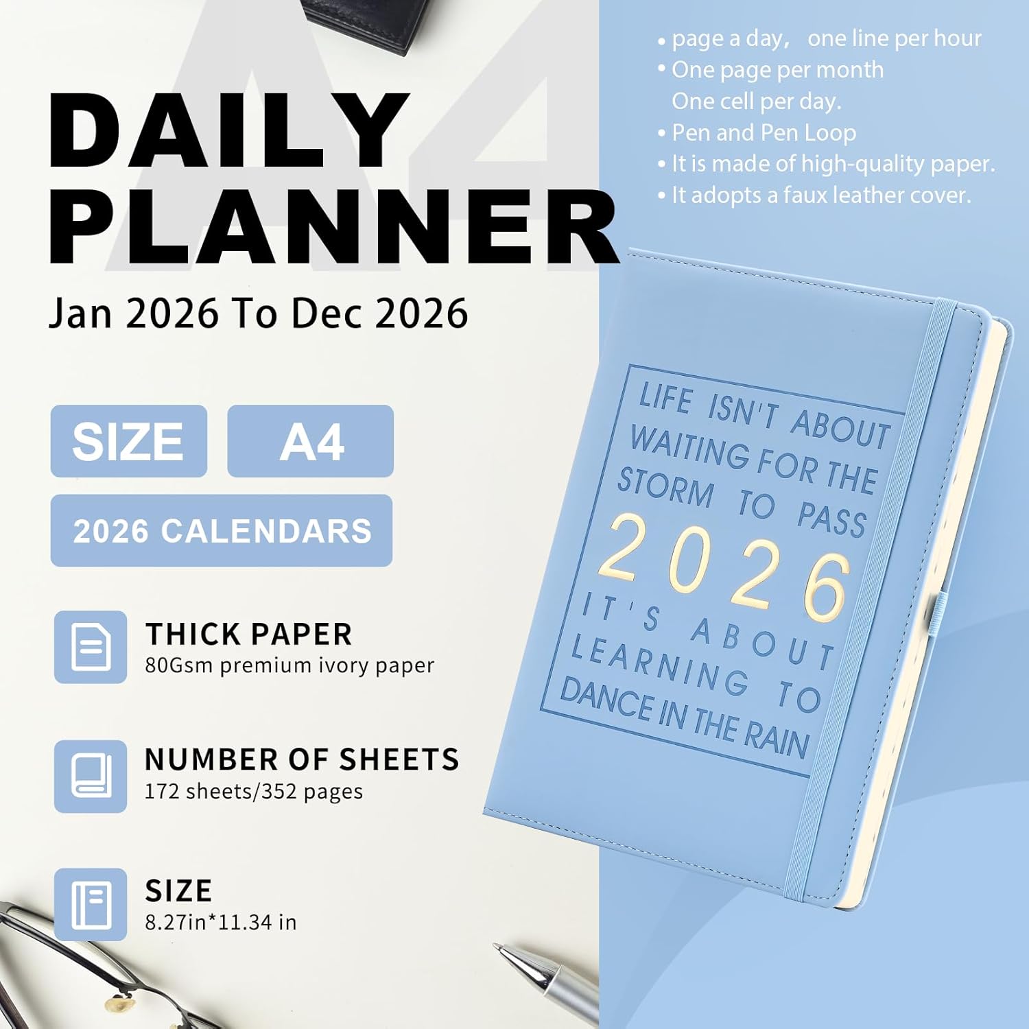 Thumbnail 4 de Mljtoyo A4 Diary 2026 Day per Page — Daily Planner for Jan–Dec 2026 (Sky Blue, A4)