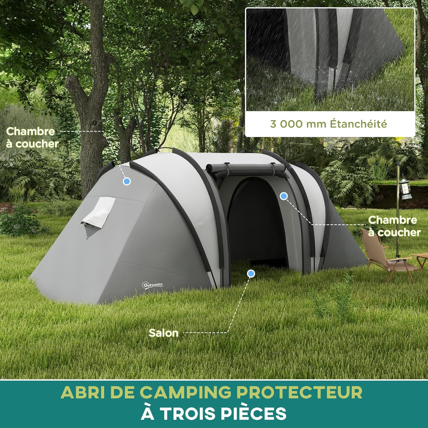 Thumbnail 2 de Outsunny Tente de Camping familiale 4-5 personnes, 2 chambres, 3000 mm – montage facile