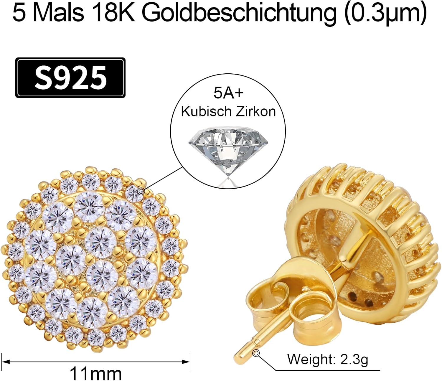 Detalle de VEXXS Herren Ohrringe Silber 925 mit 18K Gold- oder Weißgold-Beschichtung, 5A Zirkonia – Glänzende Diamond-Ohrstecker für Männer