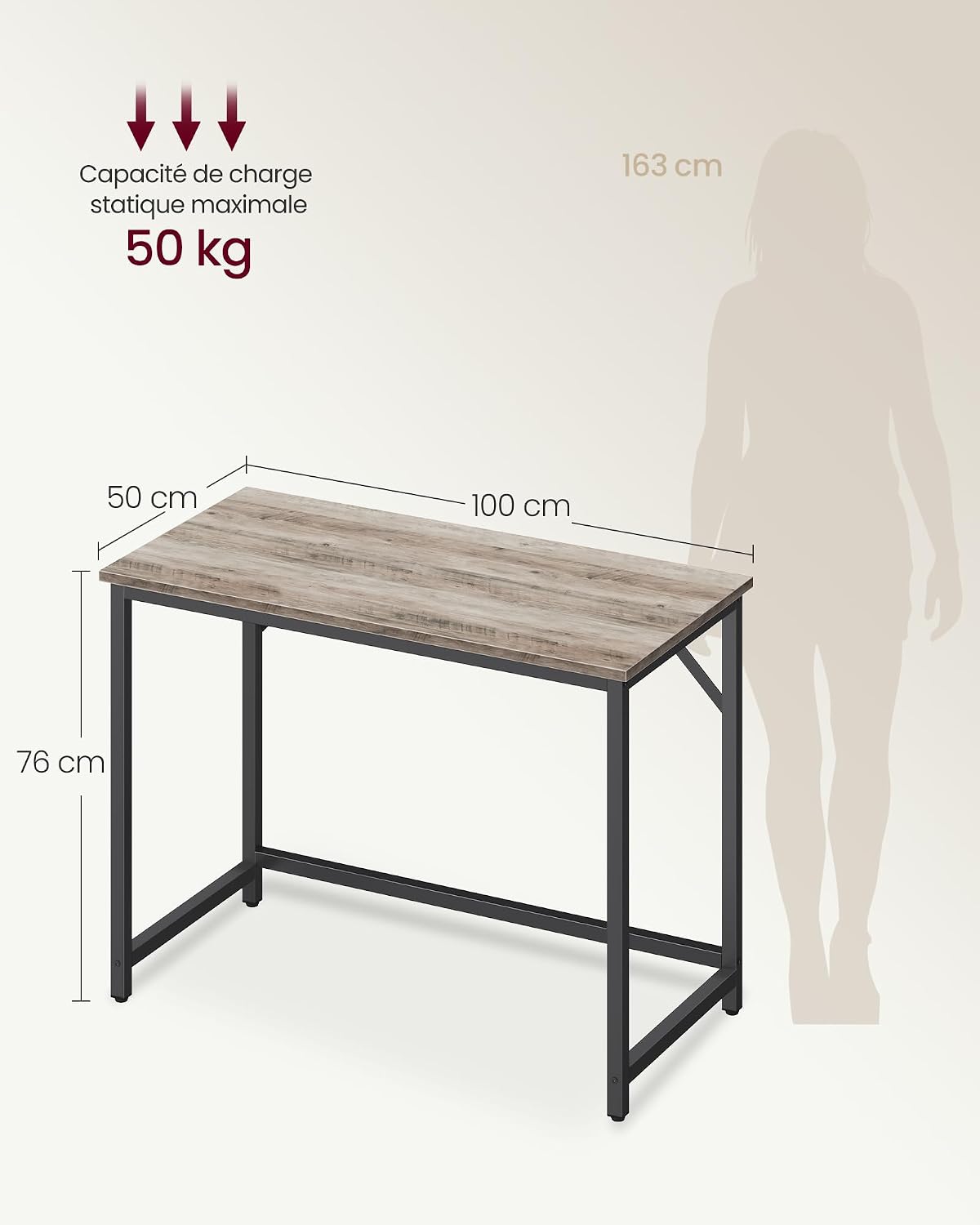 Detalle 1 de VASAGLE LWD041B02 compact bureau 100 x 50 cm, grijs en zwart