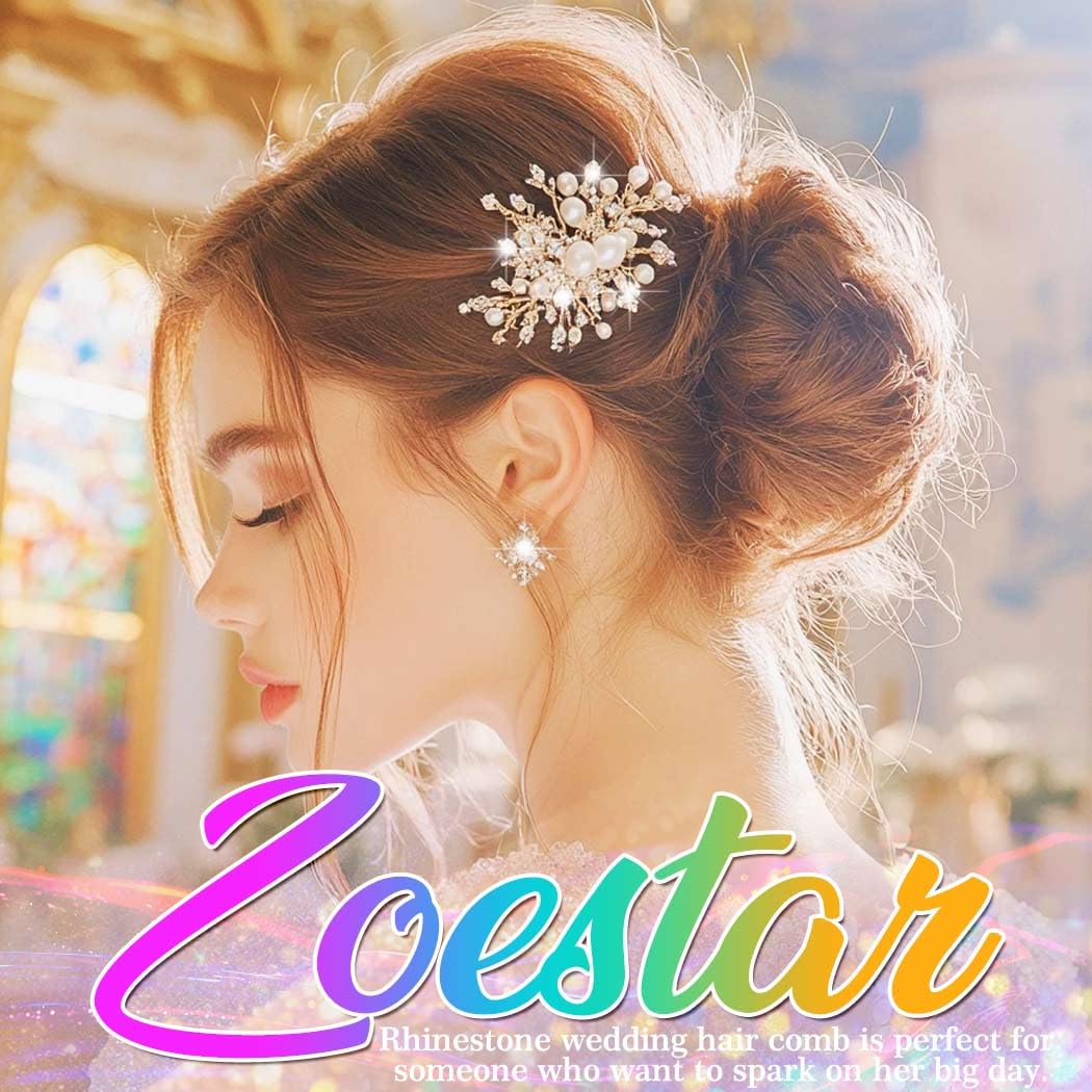 Thumbnail 2 de Zoestar Blumen Braut-Haarkamm goldener Strass
