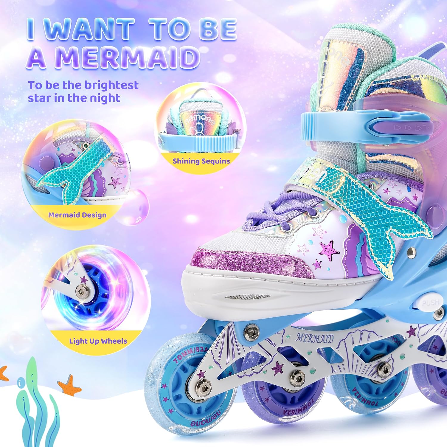 Detalle de NEMONE Mermaid Inline Skates Adjustable, Size 4