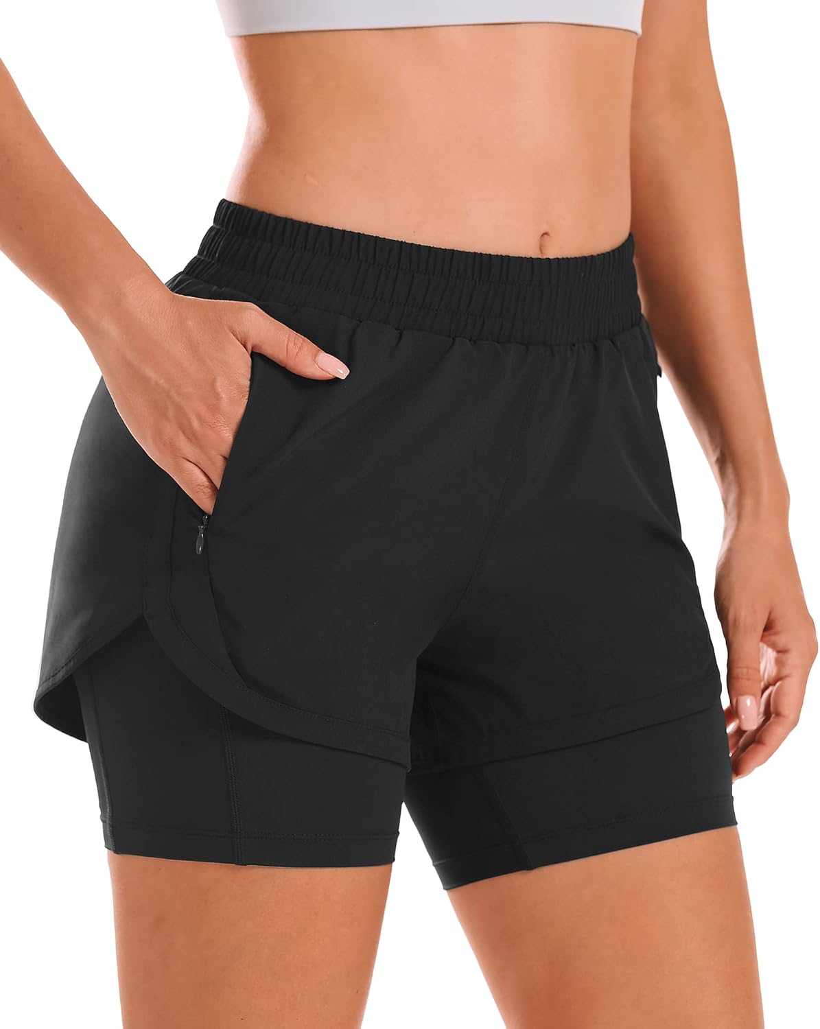 Detalle de Stelle Women 2 in 1 Running Shorts: High-Waisted, Pockets, and Layered Comfort