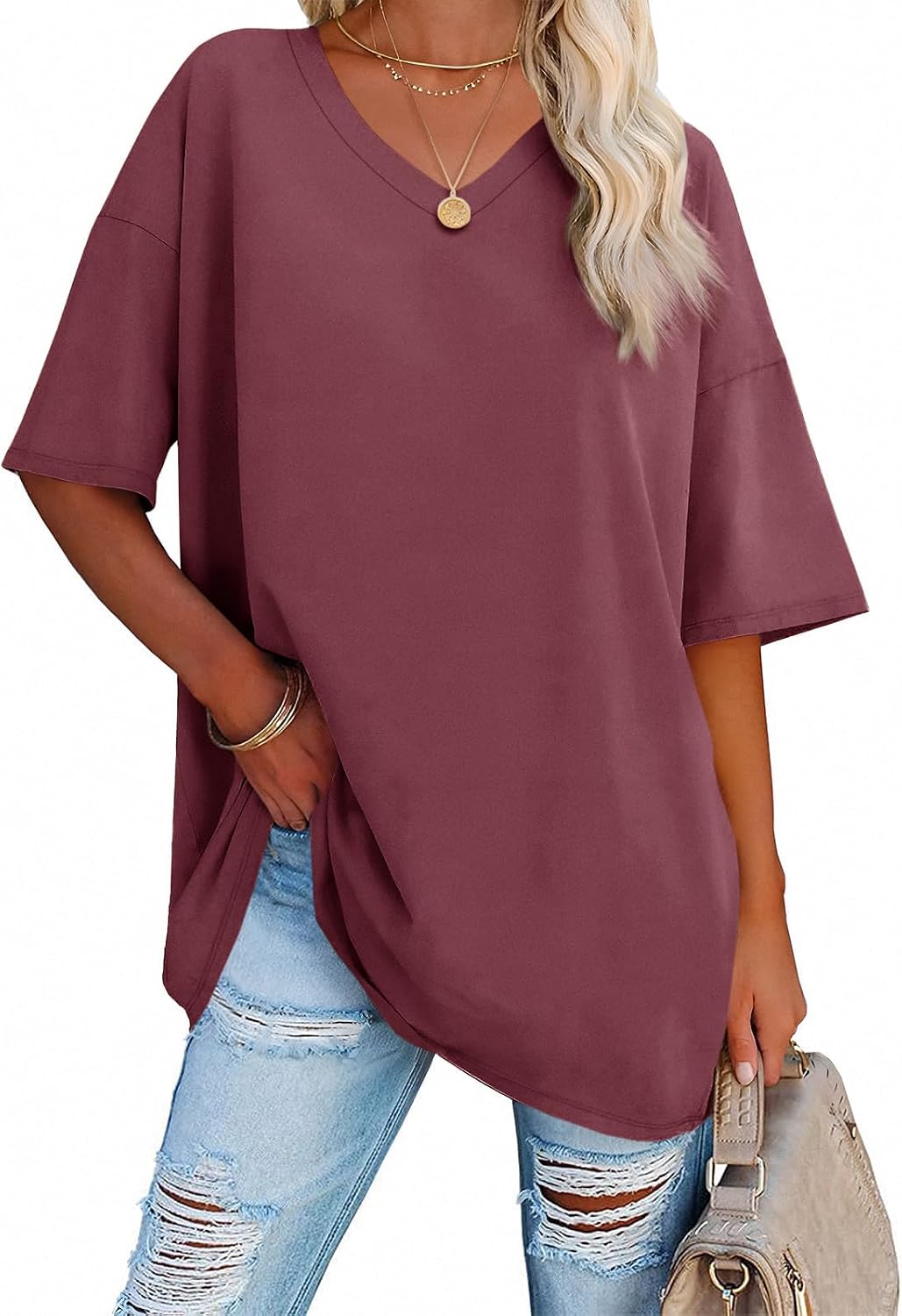 Thumbnail 4 de Ebifin T-Shirt Oversize Femme à Col V – Rouge, XXL