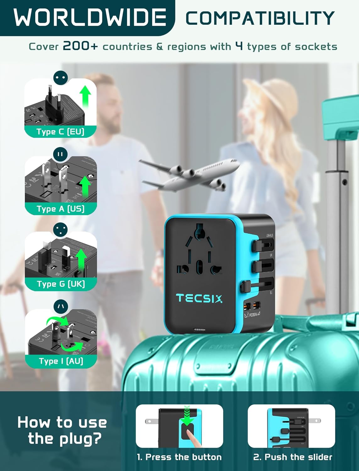 Thumbnail 3 de TECSIX Reiseadapter Weltweit – universeller Reisestecker mit 35W PD, 2× USB-C, 2× USB-A und AC-Steckdose