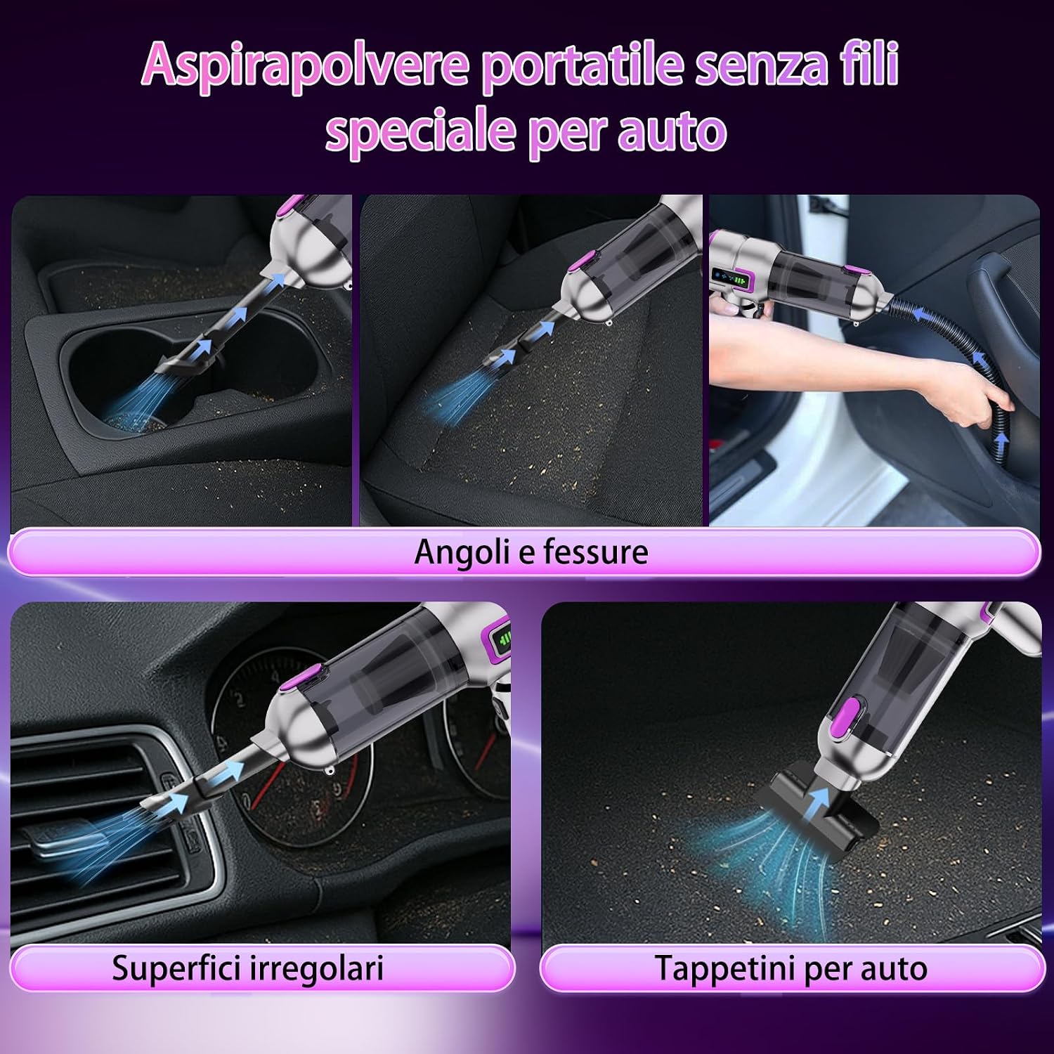 Detalle de Lyiazsoy Aspirapolvere senza fili per auto – Mini, potente 27000PA, ricaricabile, viola