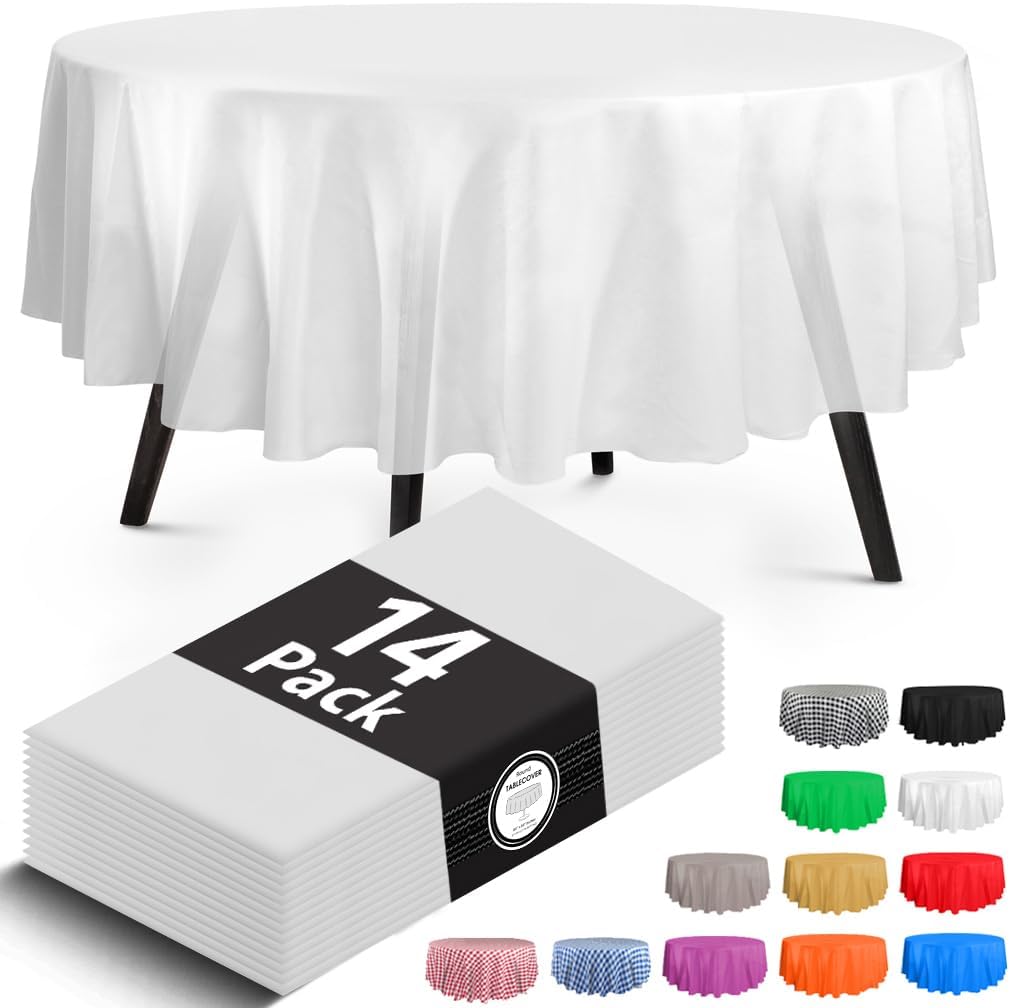 Detalle de 14-Pack Premium White Plastic Round Tablecloth (84 x 84 in.) — Disposable Round Table Cover for Parties & Weddings