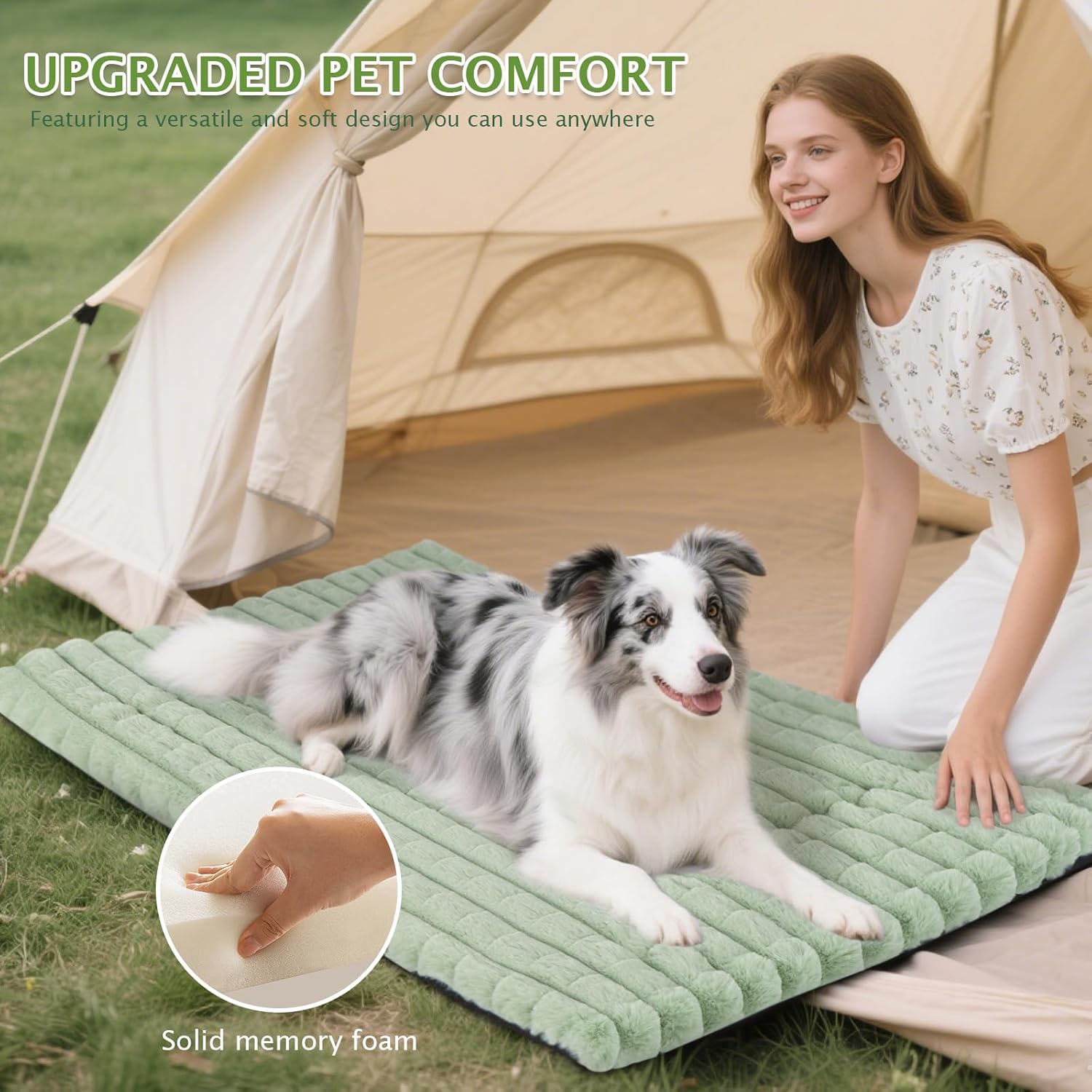 Detalle de BVAGSS Dog Bed Washable Crate Mattress – 100x80cm Memory Foam Calming Pad in Green
