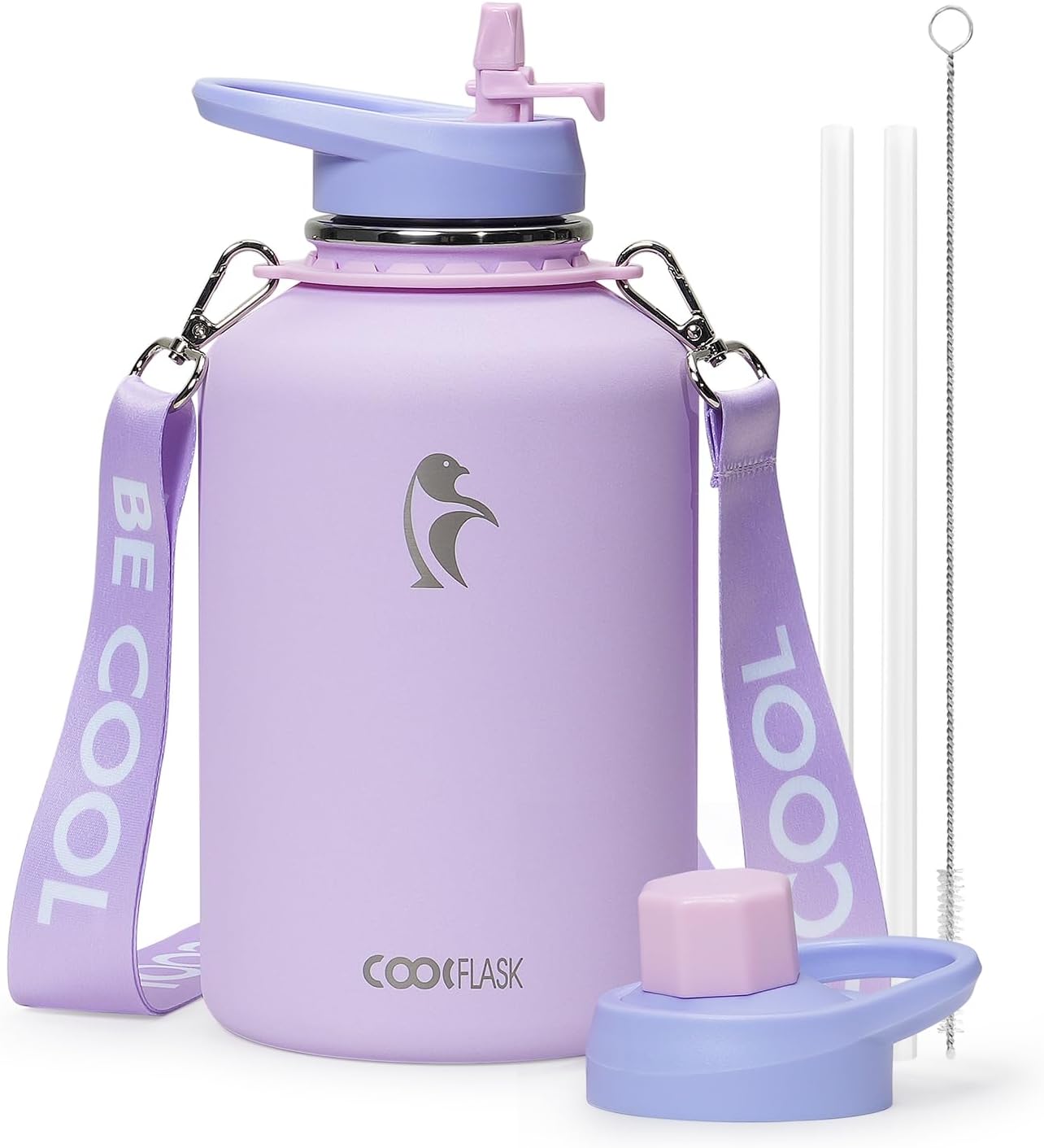 Detalle de Coolflask Half Gallon Water Bottle with Strap (64oz) – Lavender Stainless Steel, Dual Lids, Leak-Proof