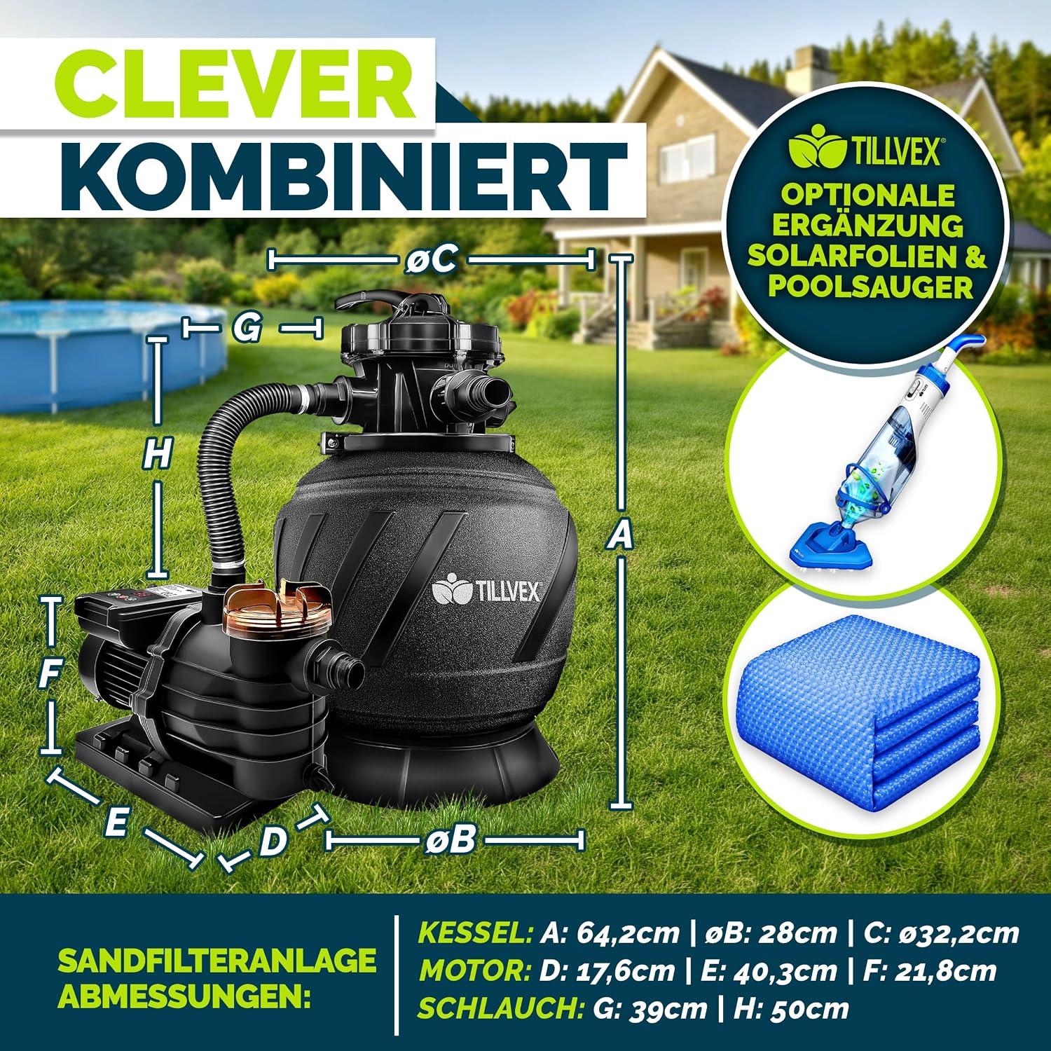 Thumbnail 1 de tillvex AquaBlack Pro Sandfilteranlage mit Timer (10 m³/h) inkl. 7-Wege-Ventil & Filterbällen