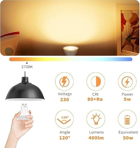 Detalle de YIIFELL LED GU10 5W (12 Pezzi) – equivalente a 50W, 3000K, 400 Lumen, 220-240V, fascio 120°, non dimmerabile
