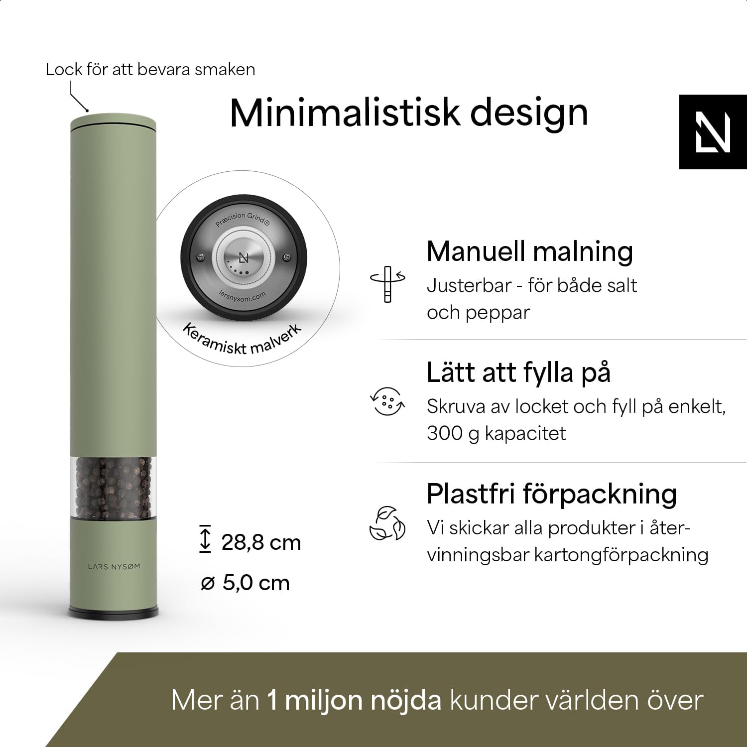 Detalle de LARS NYSØM stor manuell salt- och pepparkvarn, 28,8 cm, Sage Green