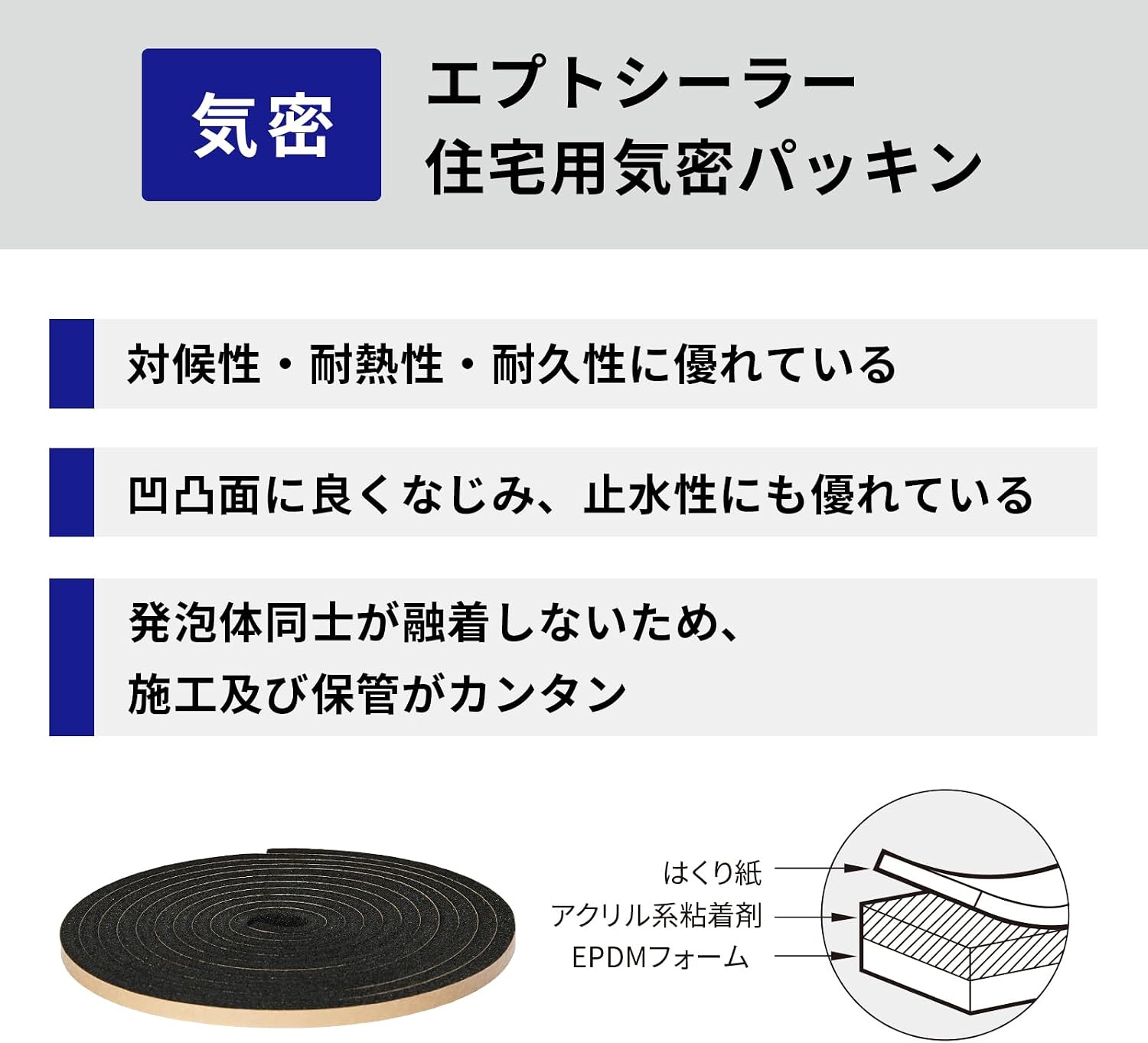 Detalle 2 de ニトムズ 住宅用気密エプトシーラー G0092 窓・サッシ用 EPDMフォーム 幅15mm×長さ5m×厚さ10mm