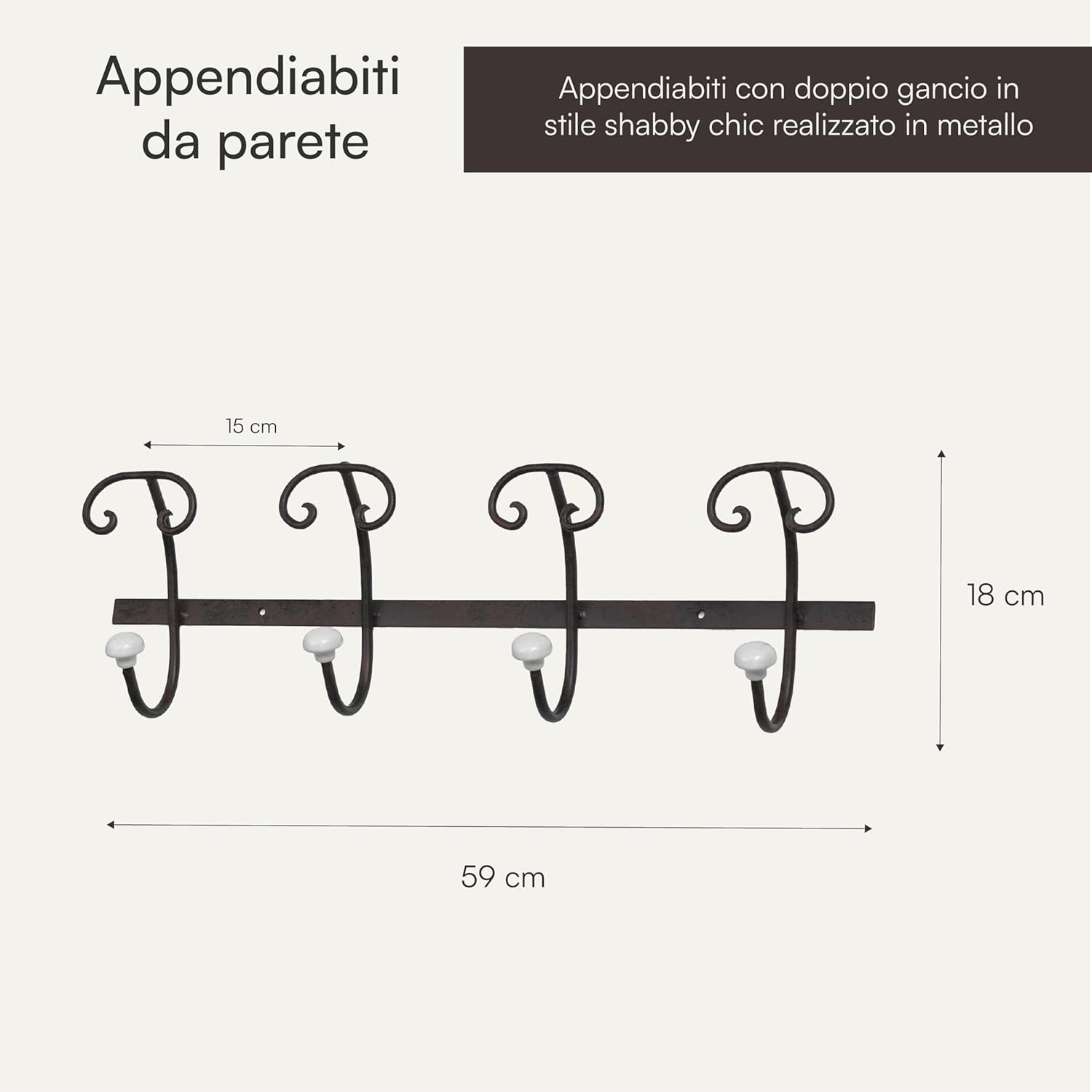 Detalle 1 de Baroni Home Appendiabiti da Parete Shabby Chic Nero – Ferro battuto, 4 ganci doppi, 8 posti