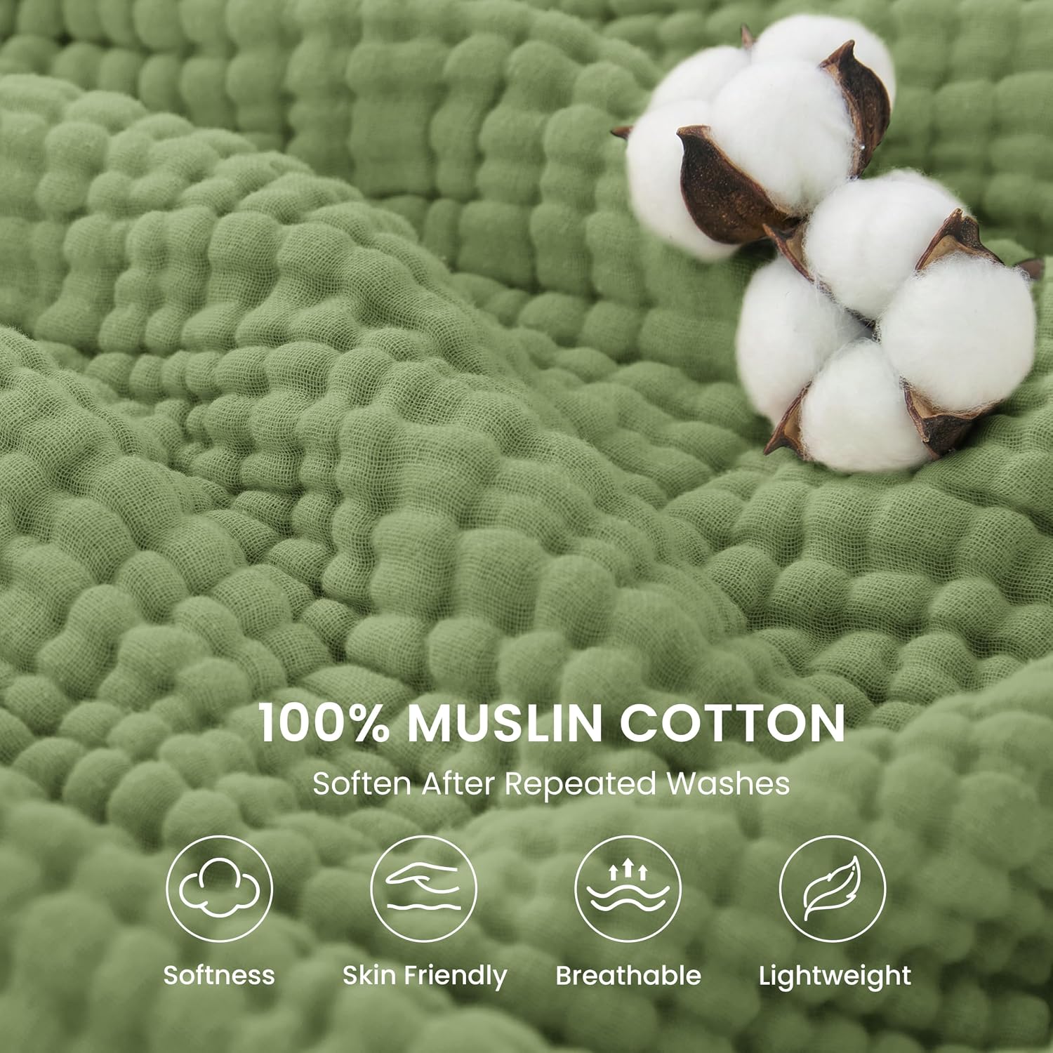 Detalle de Love's Cabin 100% Cotton Muslin Blanket (6-Layer) – King Size, Sage Green, Lightweight Gauze
