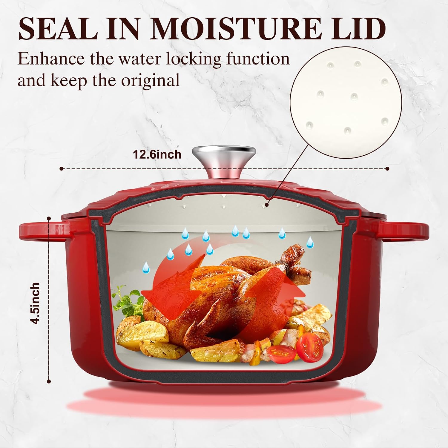 Detalle de Umite Chef 5QT Enameled Cast Iron Dutch Oven with Lid & Cotton Potholders (Red)