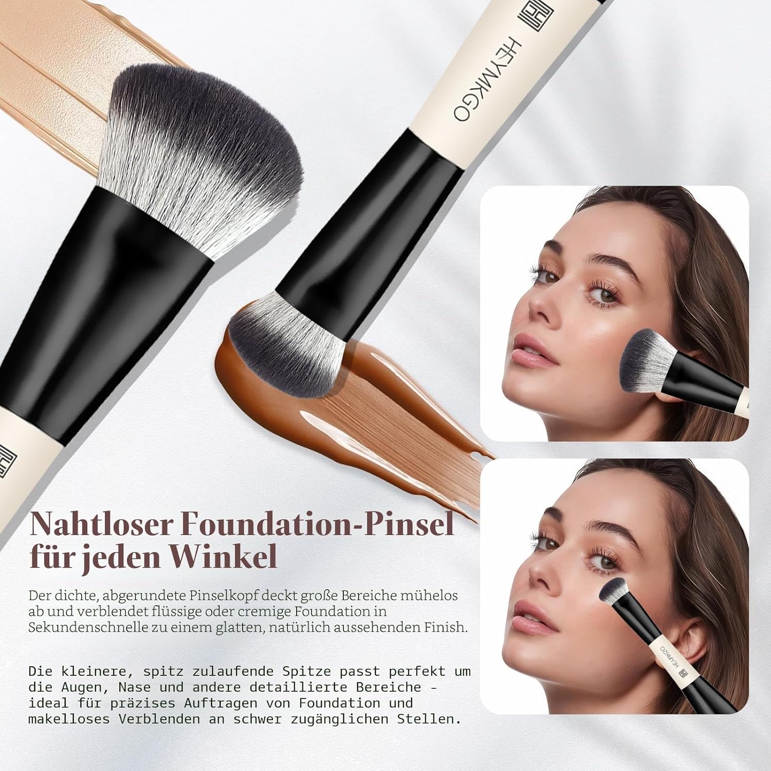 Detalle de HEYMKGO 4er-Set Foundation-Pinsel Dual-Ended: Kontur-/Abdeckpinsel für Flüssig-, Creme- und Puder-Make-up, Schwarz (Reise-Set)