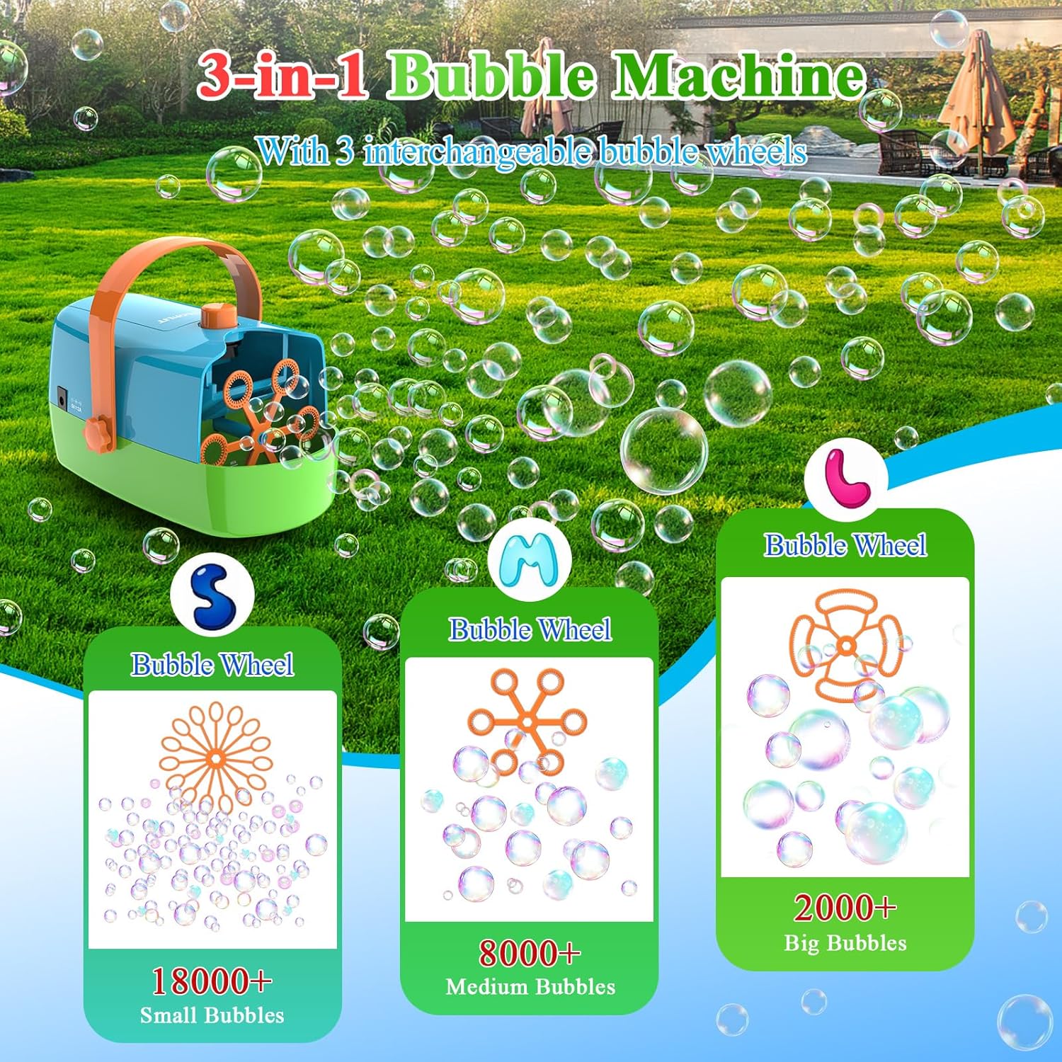 Thumbnail 1 de Wisdomlit Bubble Machine 3-in-1: 3 Bubble Wheels for Small, Regular, and Big Bubbles