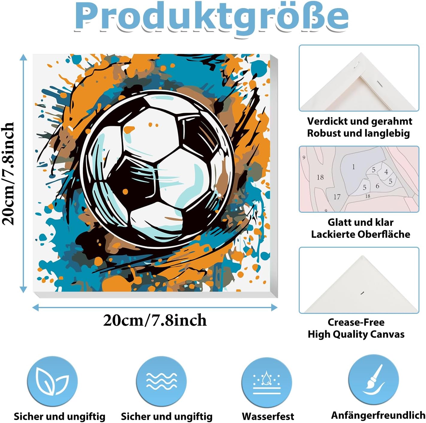 Detalle 2 de Daisen Art Fußball Malen nach Zahlen mit Rahmen – 20x20 cm, inkl. Geschenkbox, Leinwand, Farben und Pinsel
