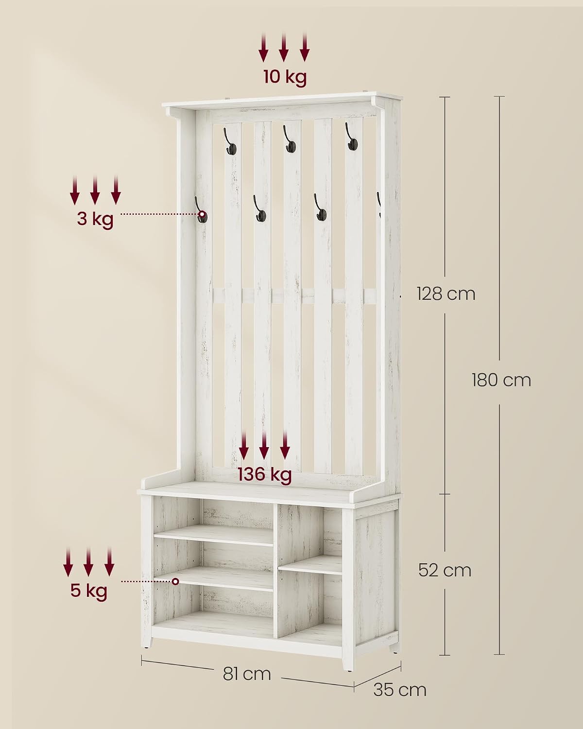Detalle 2 de VASAGLE HELAN HSR414W01 Coat Rack with Shoe Bench, Adjustable Shelves