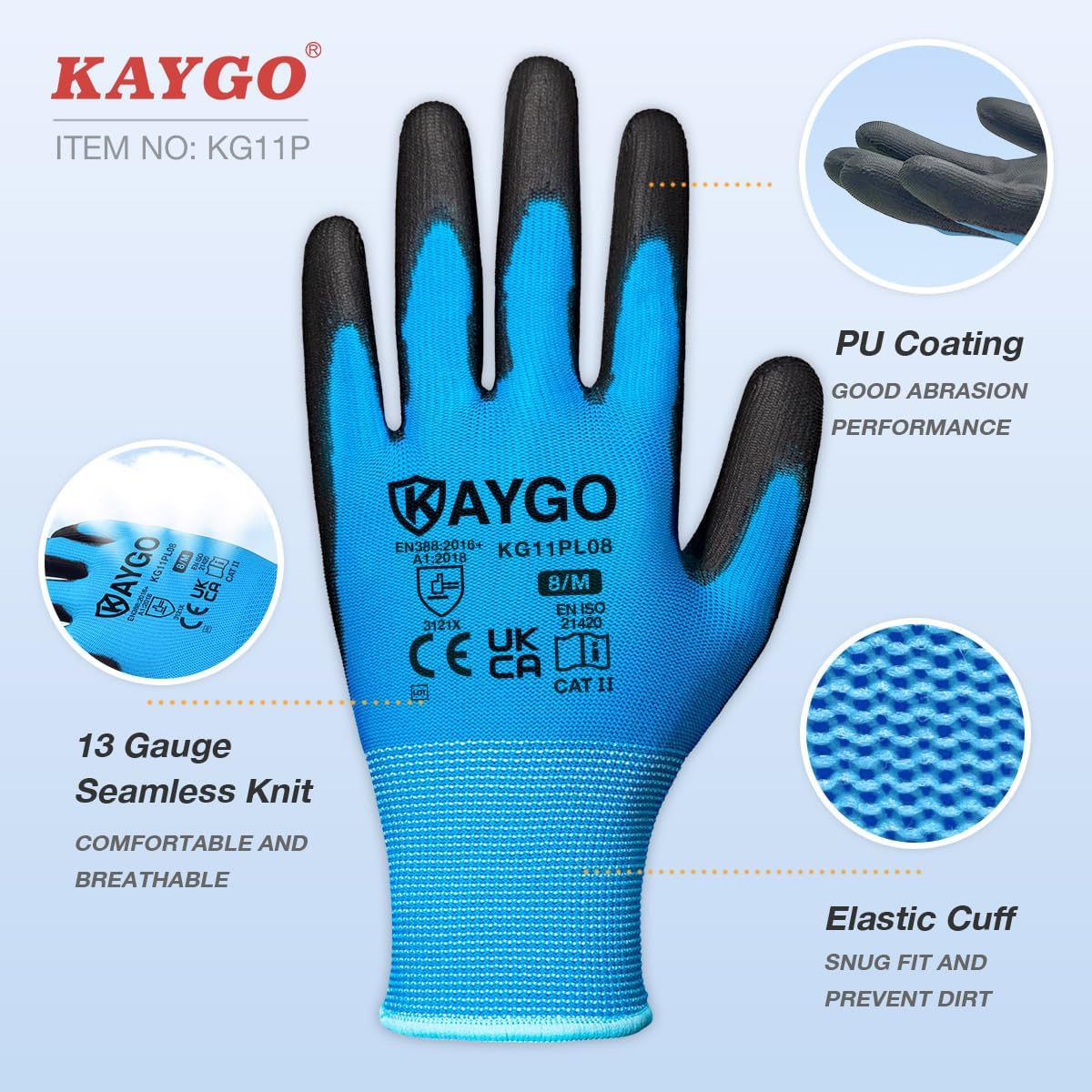 Detalle 2 de KAYGO KG11PL PU Coated Work Gloves (12 Pairs) – Large, Blue
