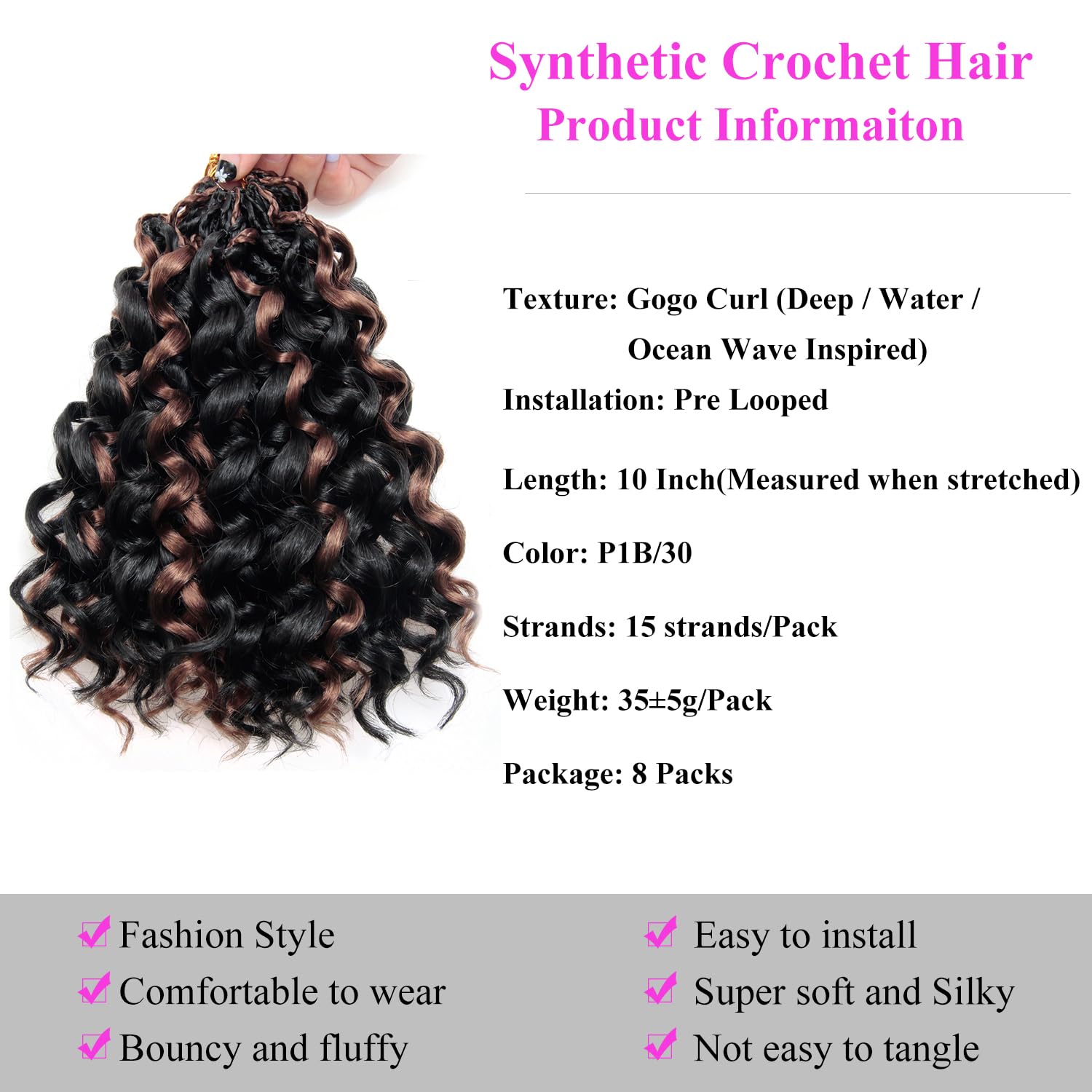 Thumbnail 1 de XSASLYET Pre Looped GoGo Curl Crochet Hair – 10 Inch, 8 Packs, P1B/30