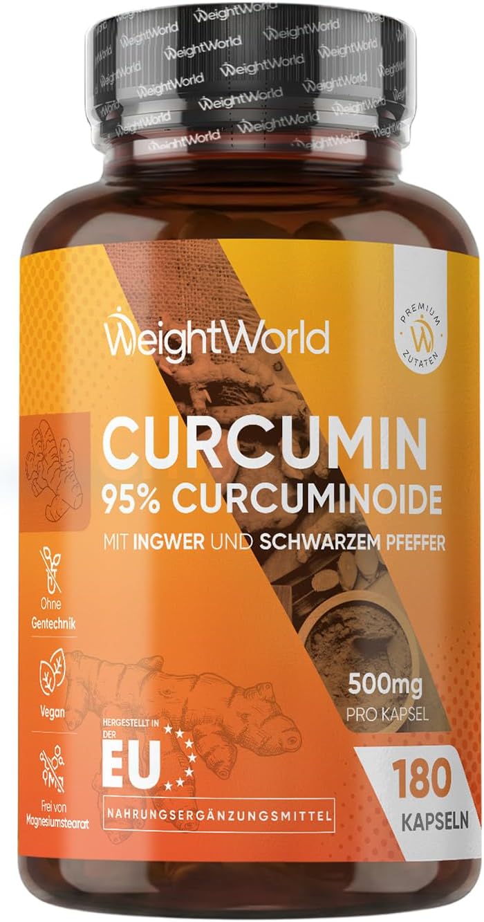 Detalle de Curcumin Kapseln 500 mg (50:1) – Kurkuma-Extrakt mit Ingwer & Schwarzem Pfeffer von WeightWorld, 180 Kapseln