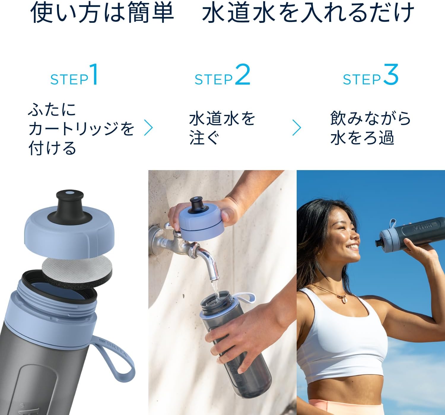 Detalle de BRITA Active ボトル型浄水器 ダークブルー 600ml、マウスピース付き・カートリッジ1個付