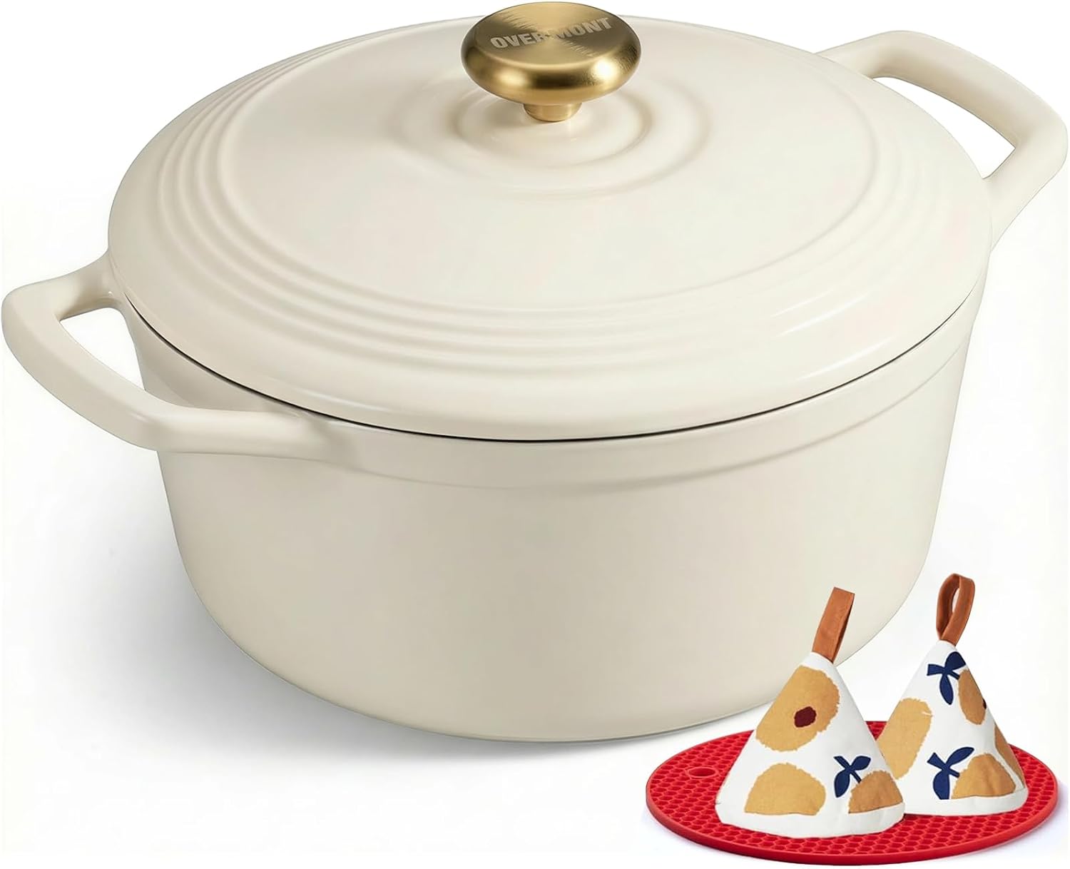 Detalle de Overmont Enameled Cast Iron Dutch Oven (5.5QT) with Lid, Cookbook & Cotton Potholders — White